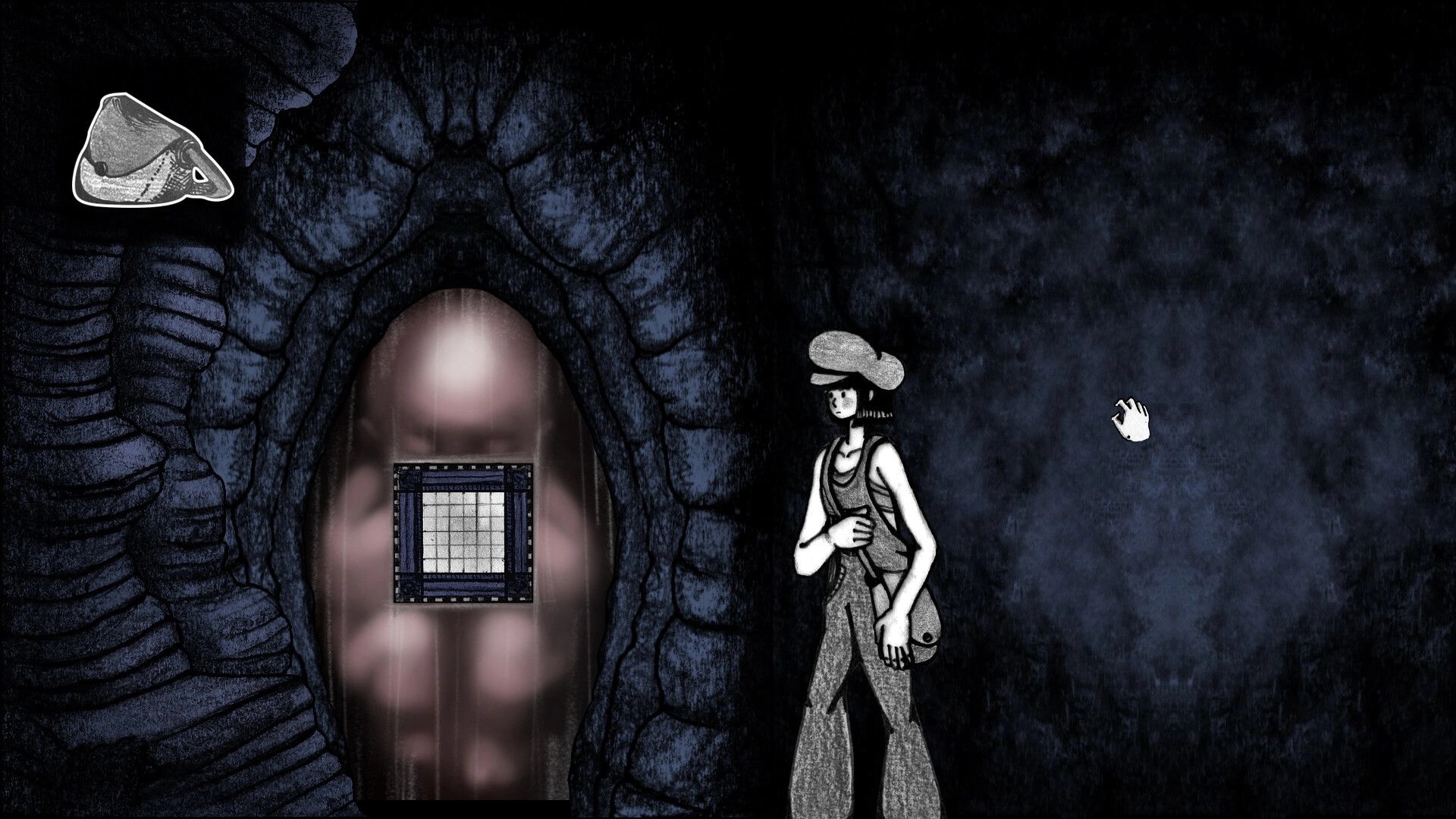 Faded Solitude: Young girl approaches mysterious door in dark cave, inventory icon and cursor visible