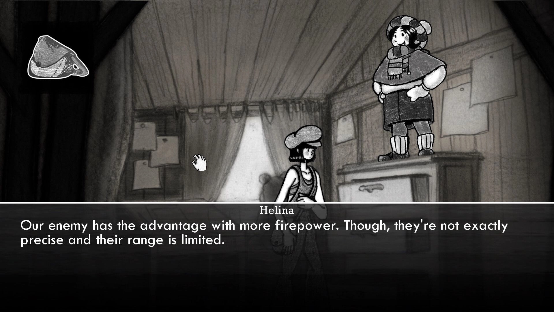 Faded Solitude: Helina discusses enemy tactics with another character in a dimly lit room.