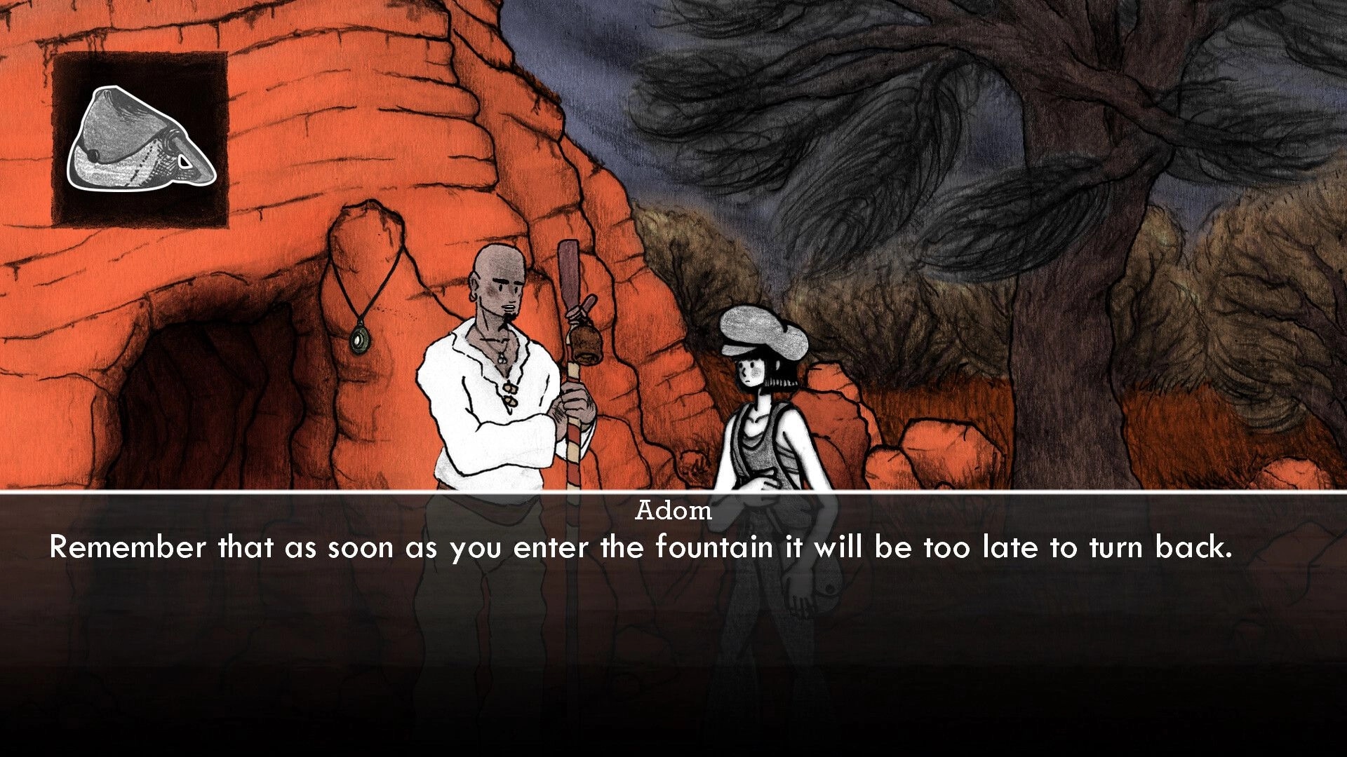 Faded Solitude: Adom and girl in dialogue by rocky entrance, mysterious artifact displayed on wall.