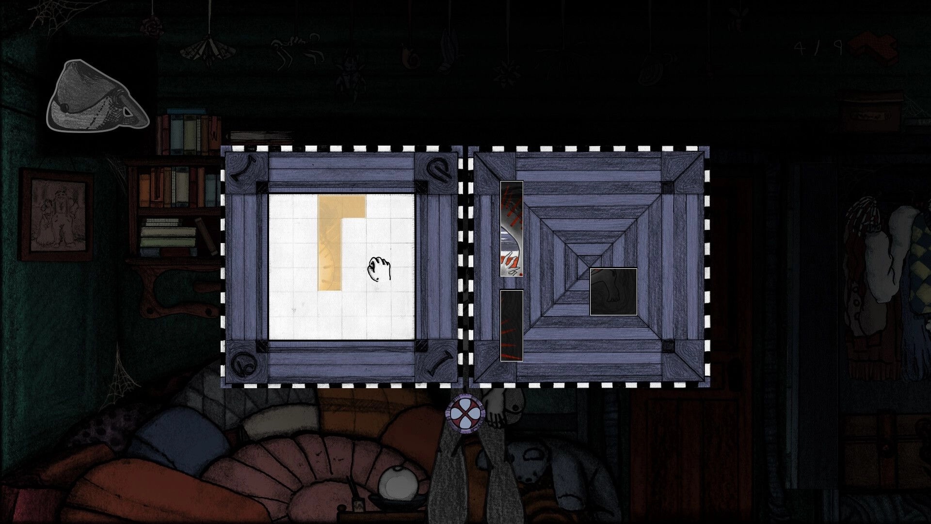 Faded Solitude: Puzzle interface with hand cursor in a dimly lit room filled with books and a portrait.