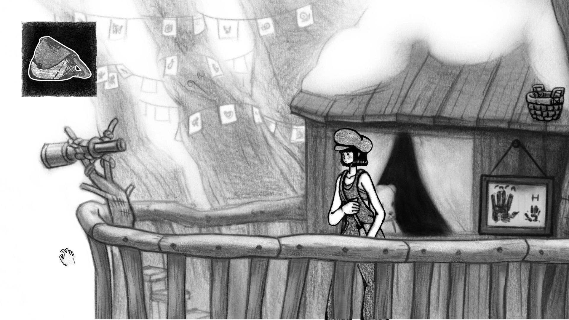 Faded Solitude: Young girl on treehouse balcony with telescope, hand icon, and mysterious portrait nearby.