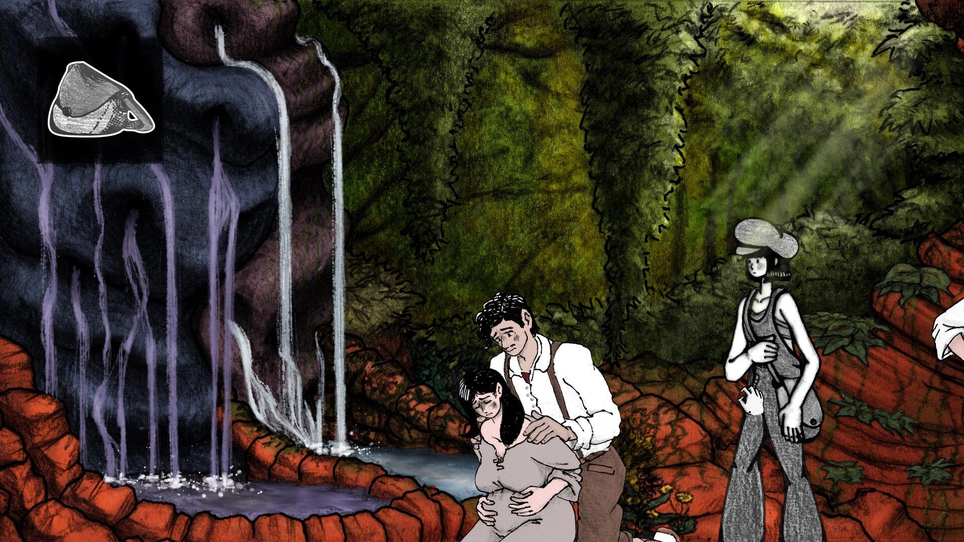 Faded Solitude: Young girl observes couple by waterfall, surrounded by lush forest and cascading water.