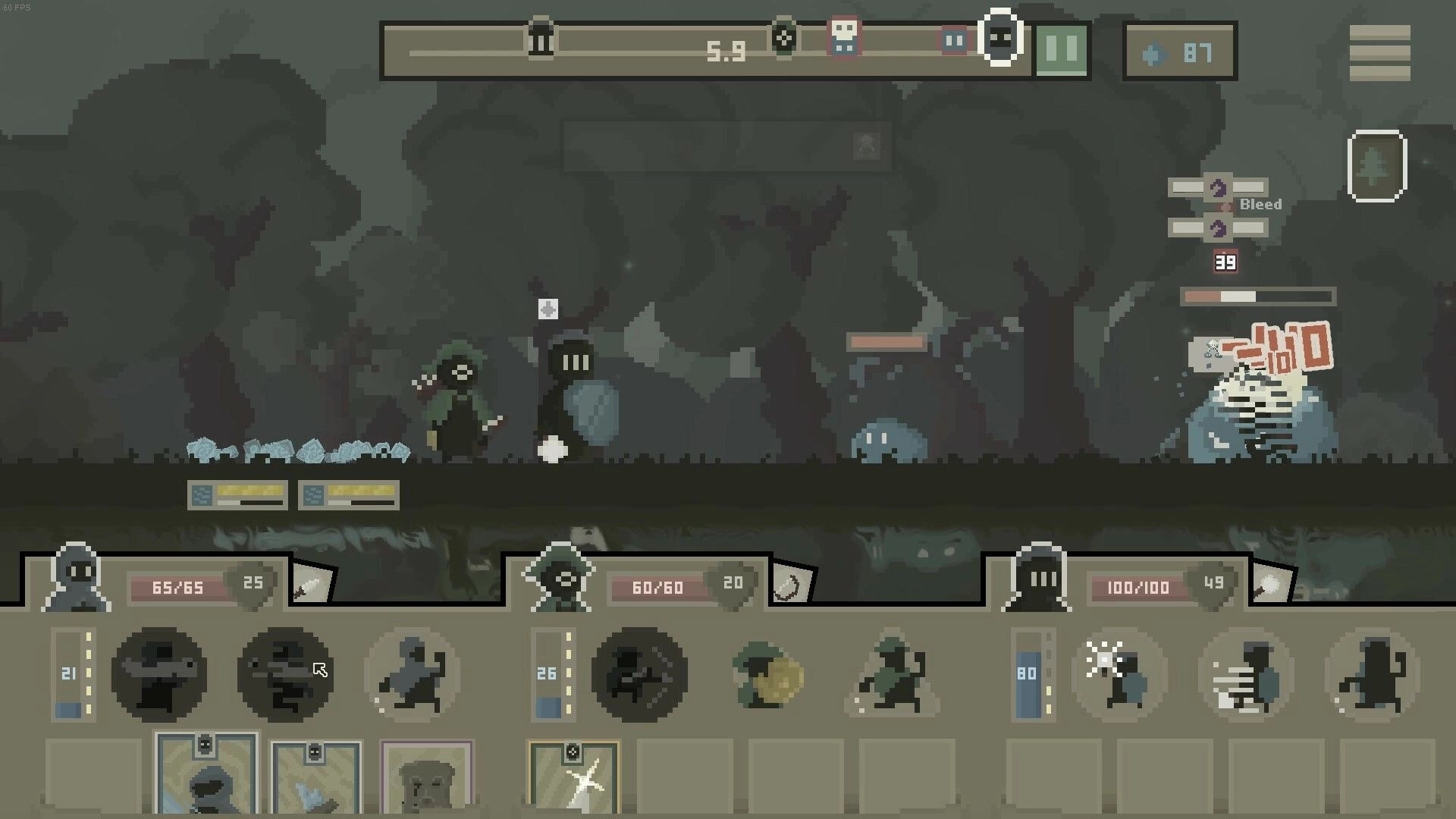 Fadedlands: Combat with characters battling slime enemies in forest environment with skill icons below