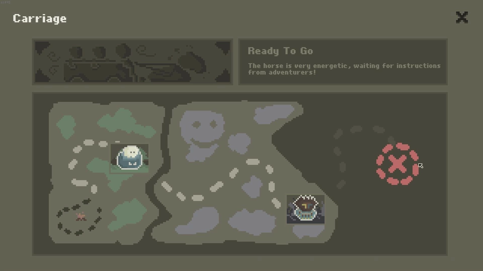 Fadedlands: Map overview showing carriage route options with energetic horse ready for adventure