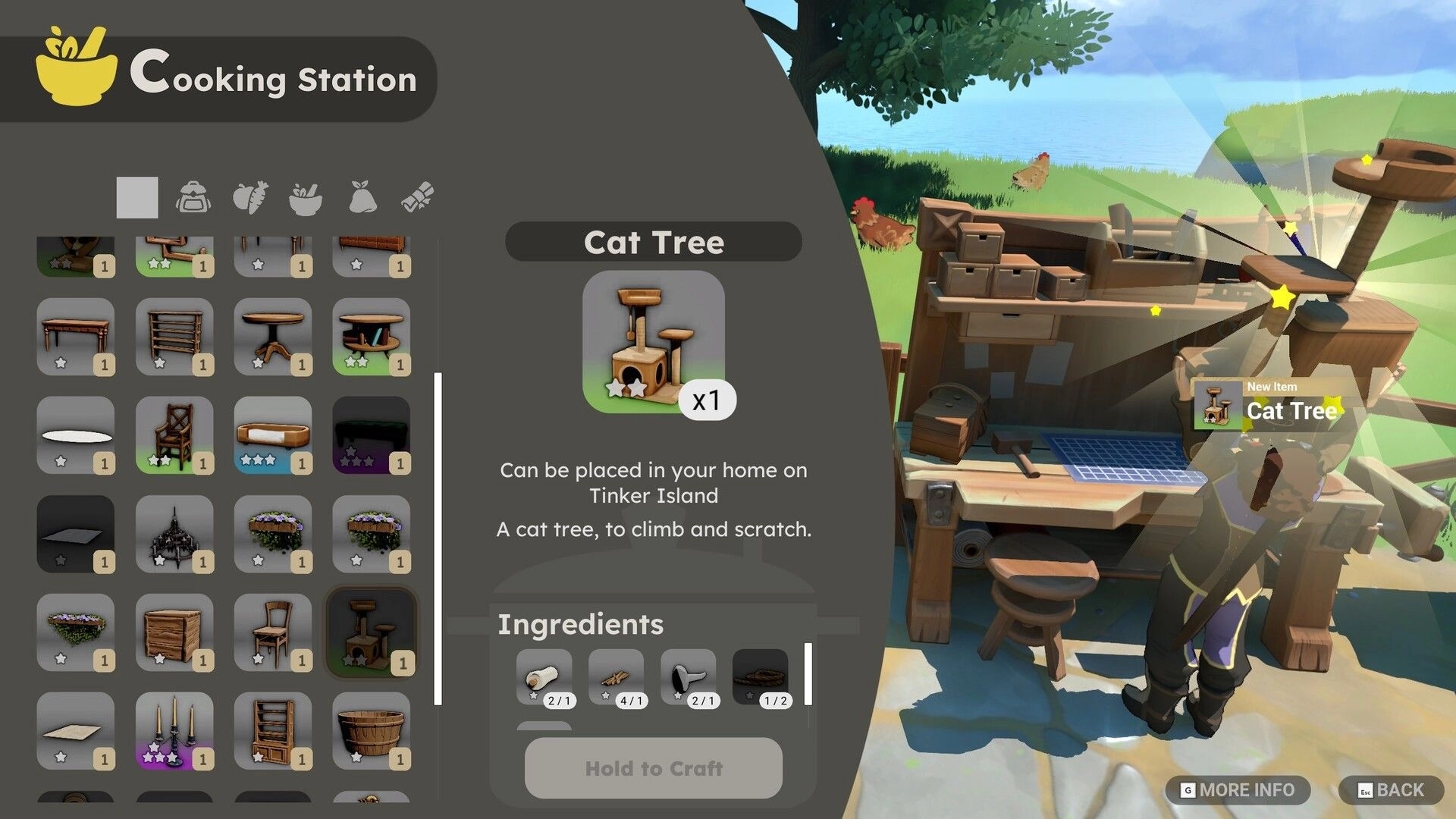 Fae & Fauna: Cooking Station crafting menu for Cat Tree item beside a sunny outdoor workbench scene.