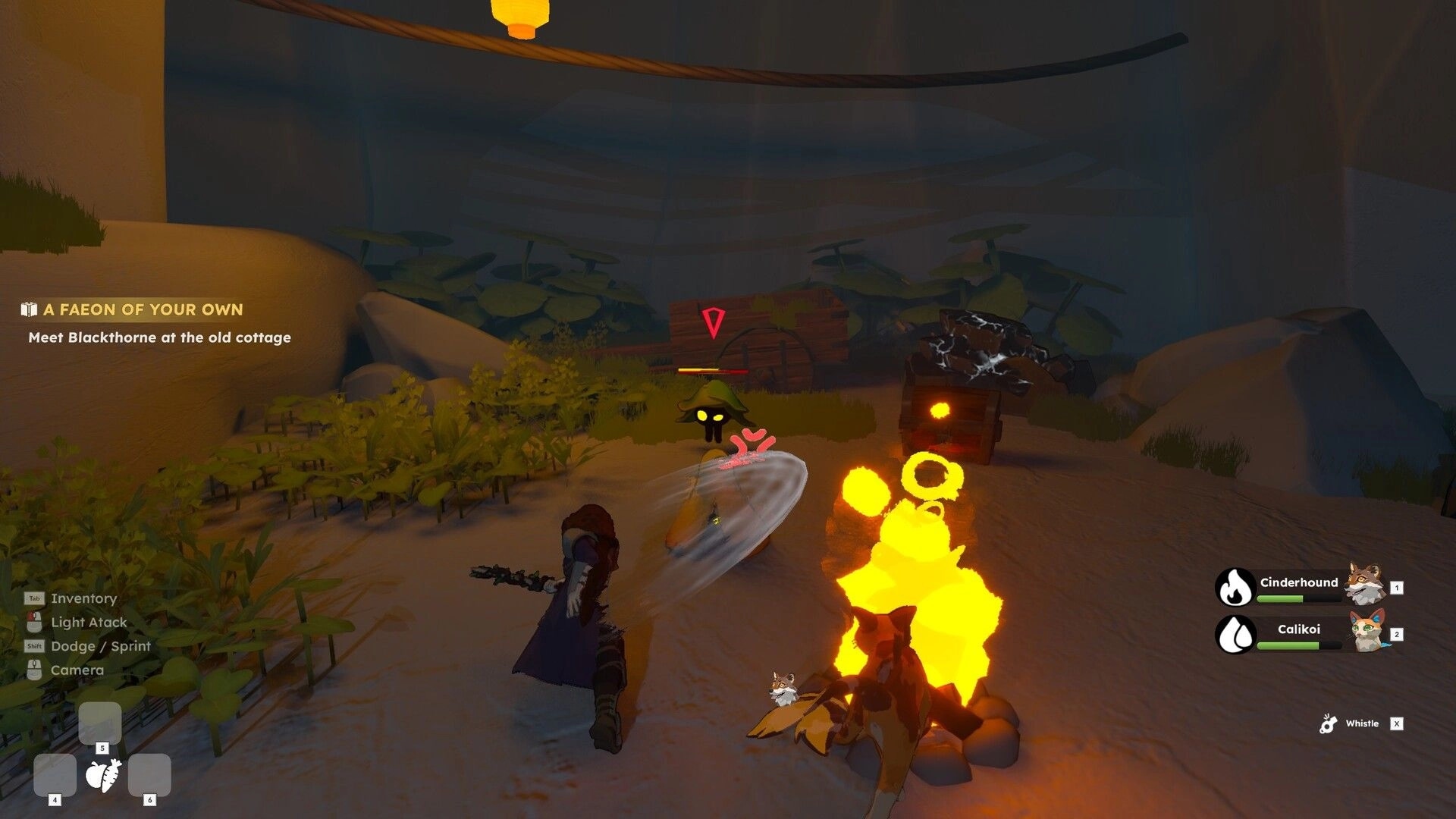 Fae & Fauna: Player slashes a small hooded foe near a campfire in a rocky canyon quest area.