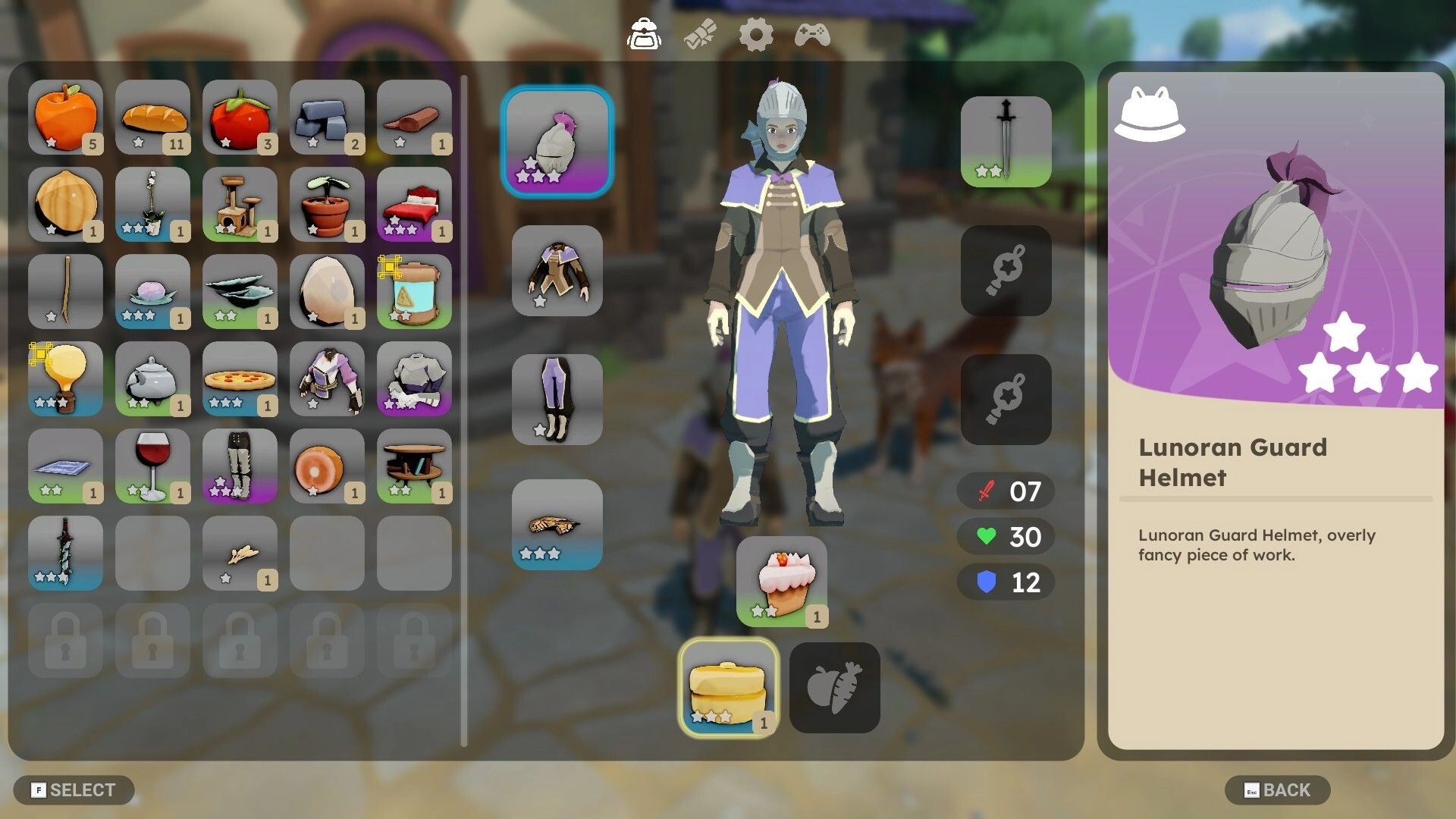 Fae & Fauna: Inventory and equipment screen with armored character and Lunoran Guard Helmet stats panel.