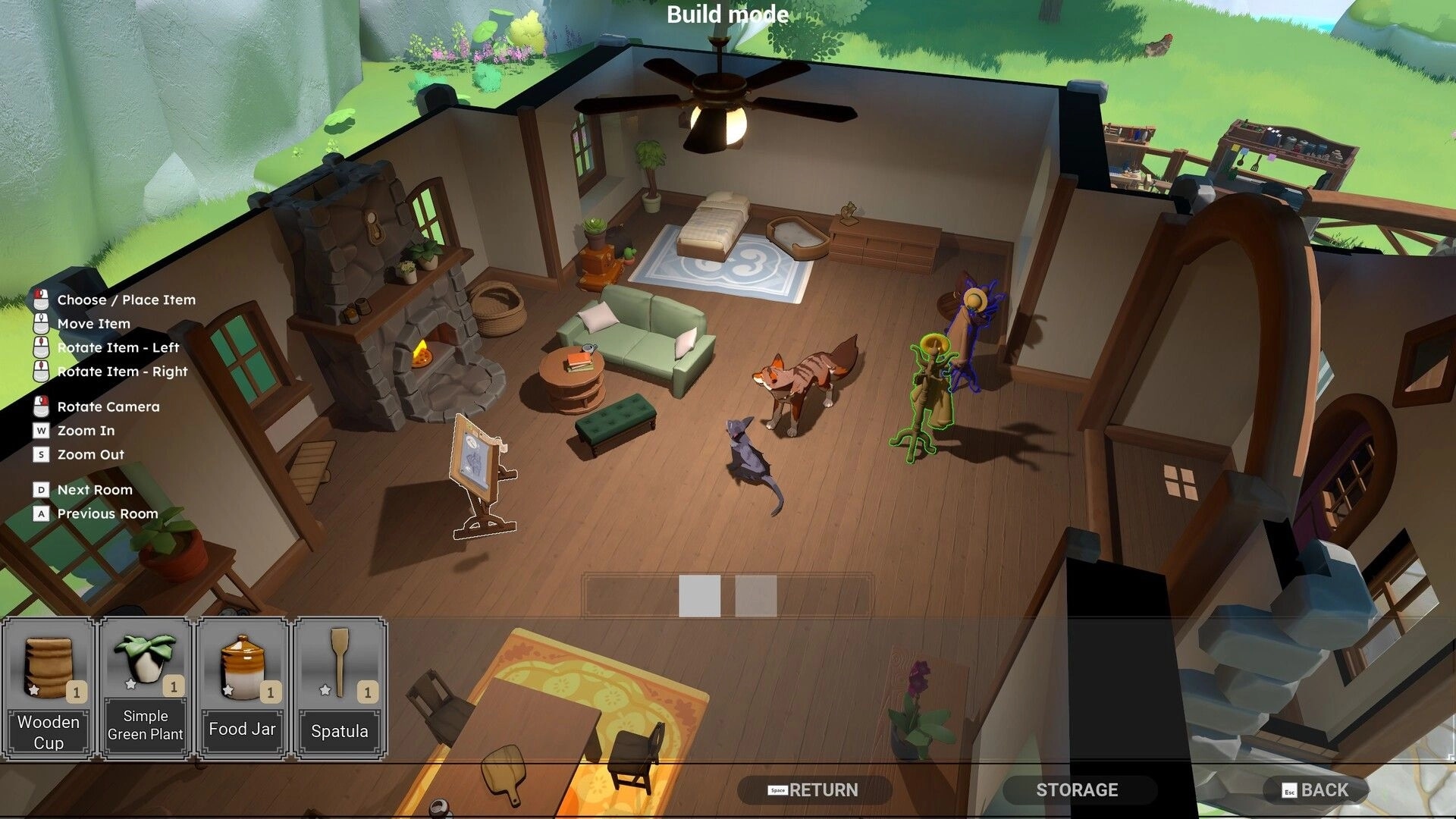 Fae & Fauna: Build mode furnishing a cozy cabin room with sofa, fireplace, bed, and pet companions.