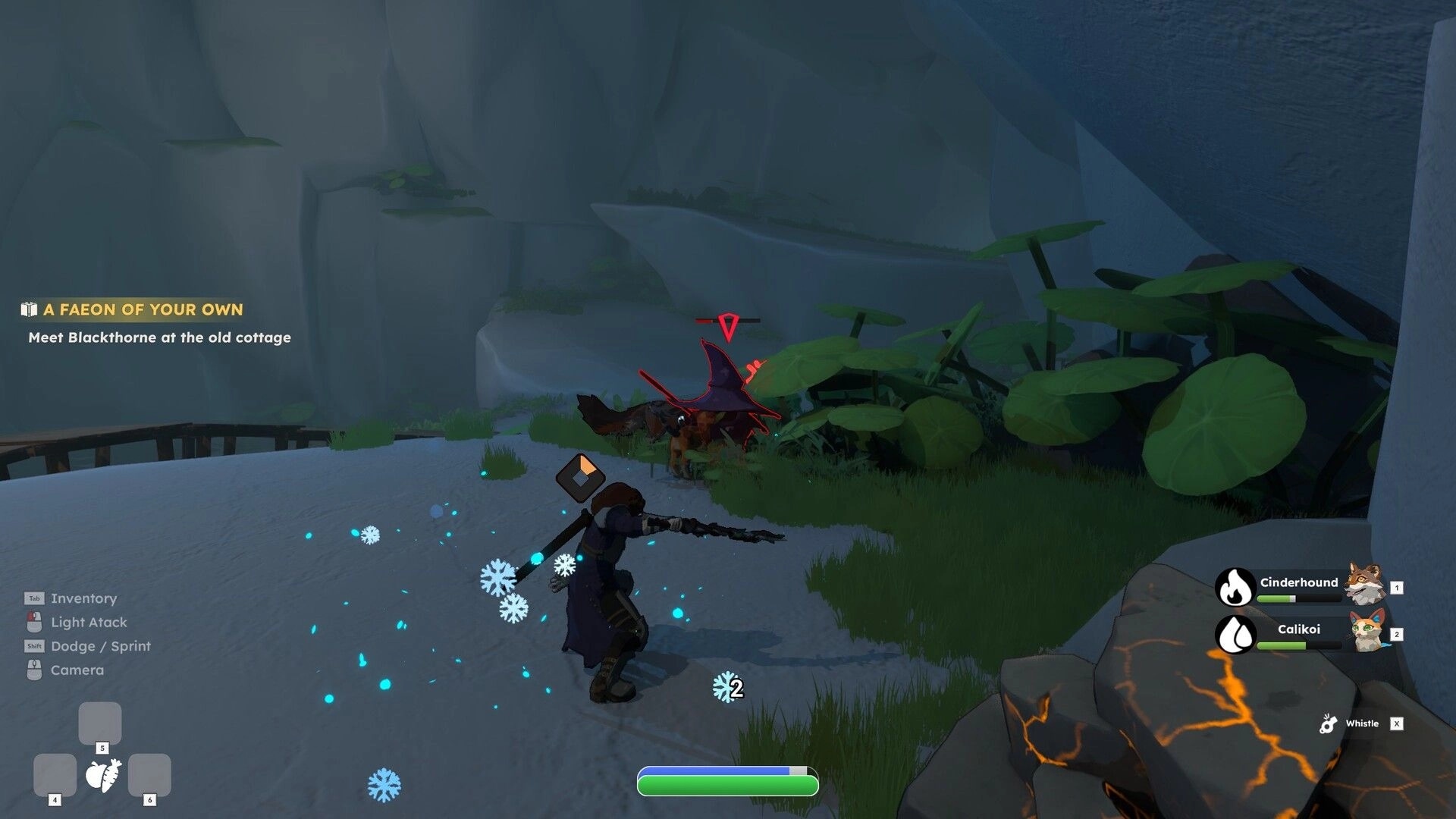 Fae & Fauna: Player attacks a red-marked enemy in a misty canyon, quest text and pets UI visible.