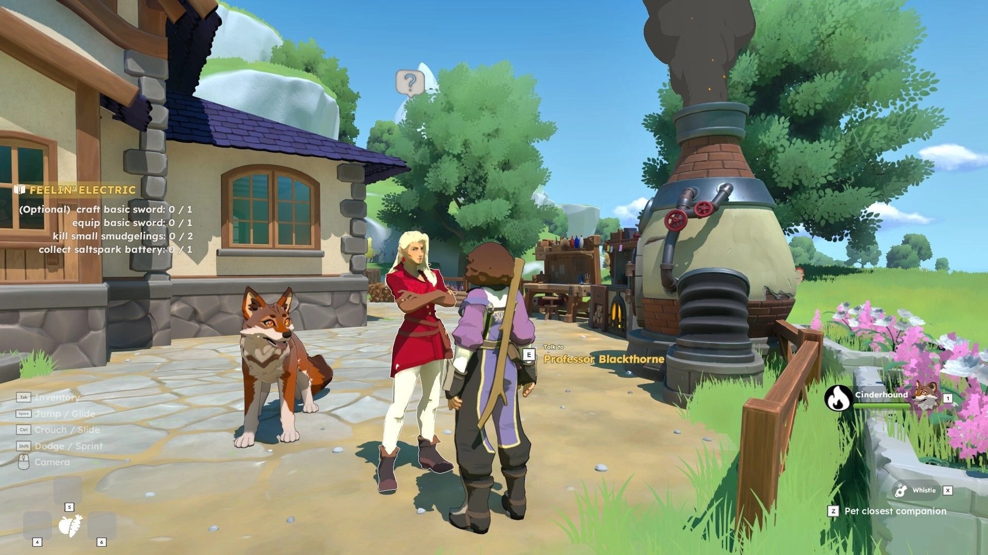 Fae & Fauna: Talking to Professor Blackthorne outside a workshop, quest list and pet UI visible.