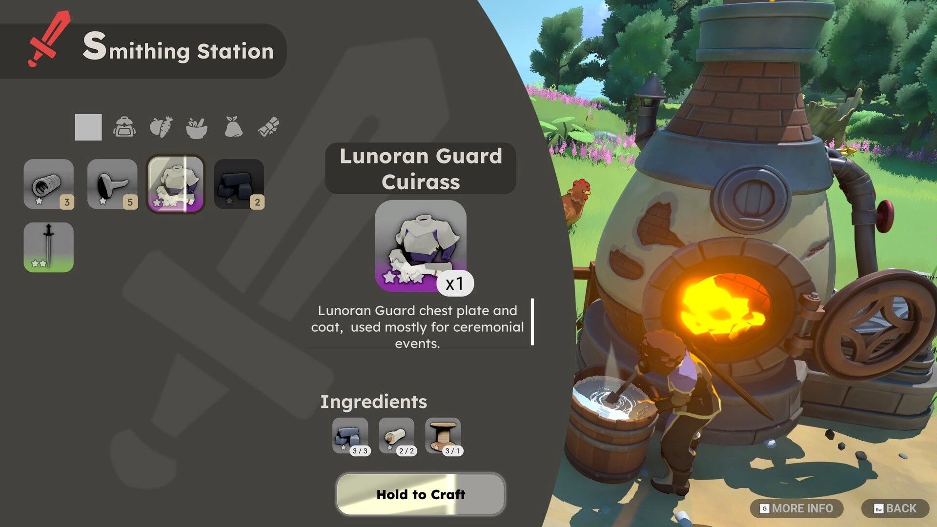 Fae & Fauna: Smithing Station crafting Lunoran Guard Cuirass beside a glowing outdoor furnace UI.