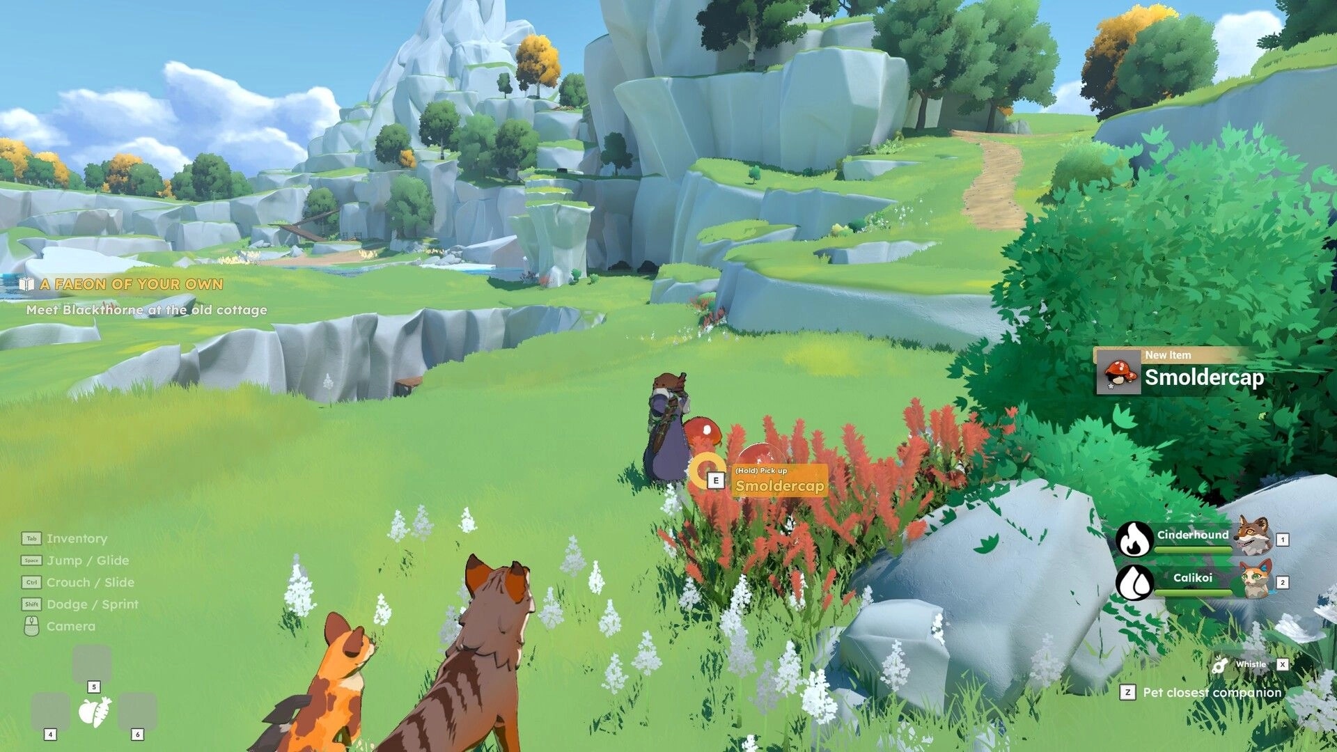Fae & Fauna: Player picks up Smoldercap mushroom on grassy cliffs with quest and pet UI visible.