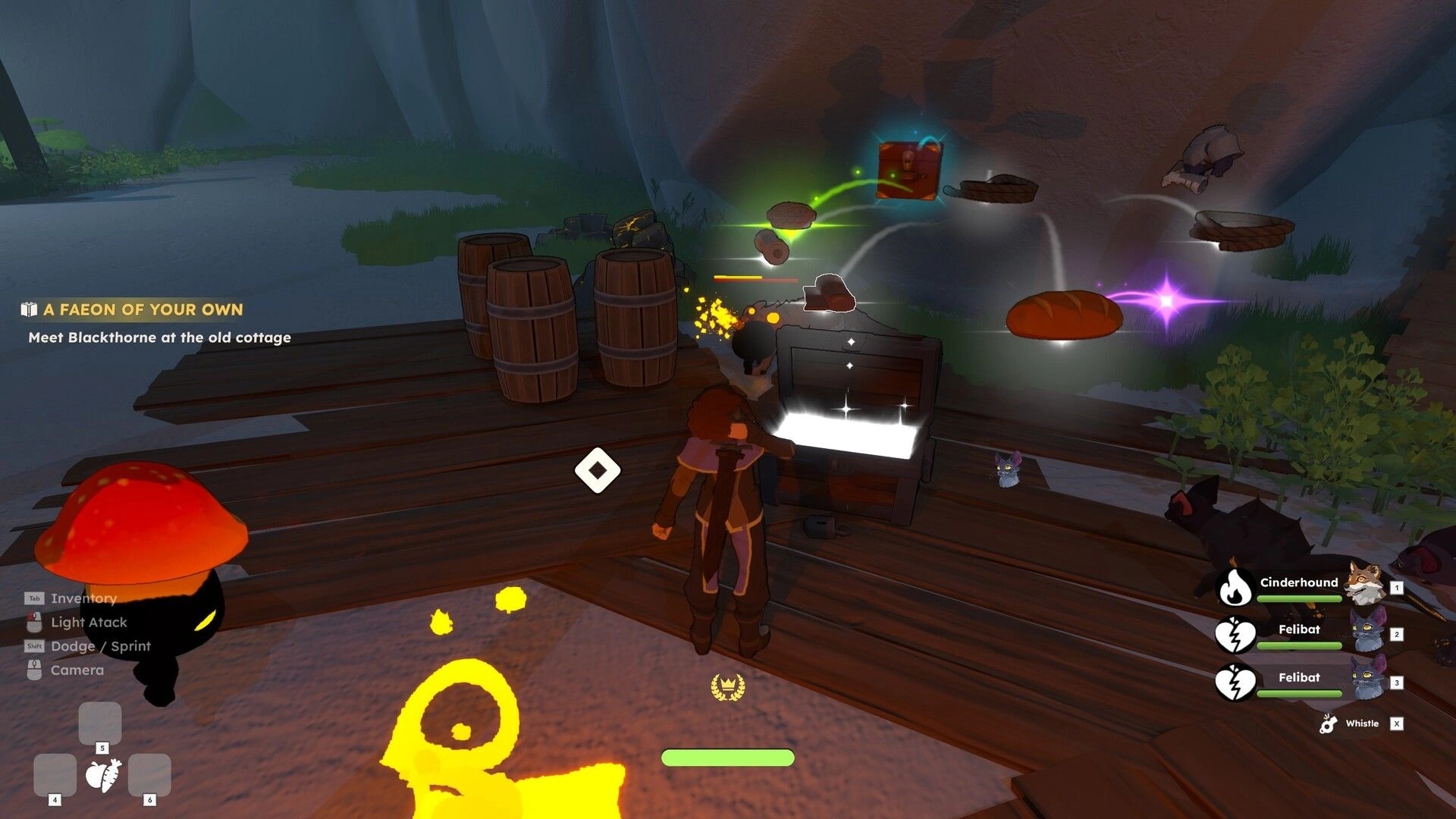 Fae & Fauna: Player opens a glowing chest on a dock as loot bursts out, quest and pet UI visible.