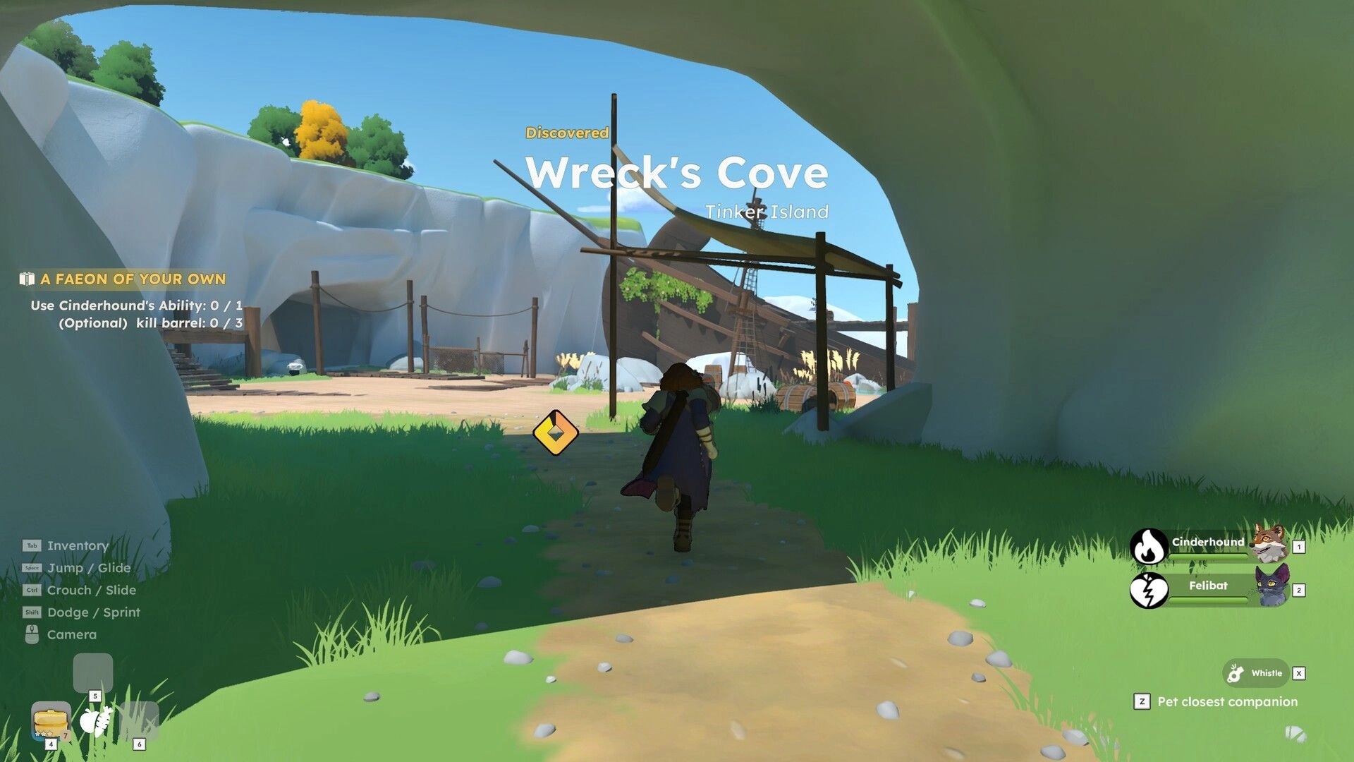 Fae & Fauna: Player runs into Wreck's Cove with quest tracker and Cinderhound, Felibat UI HUD.