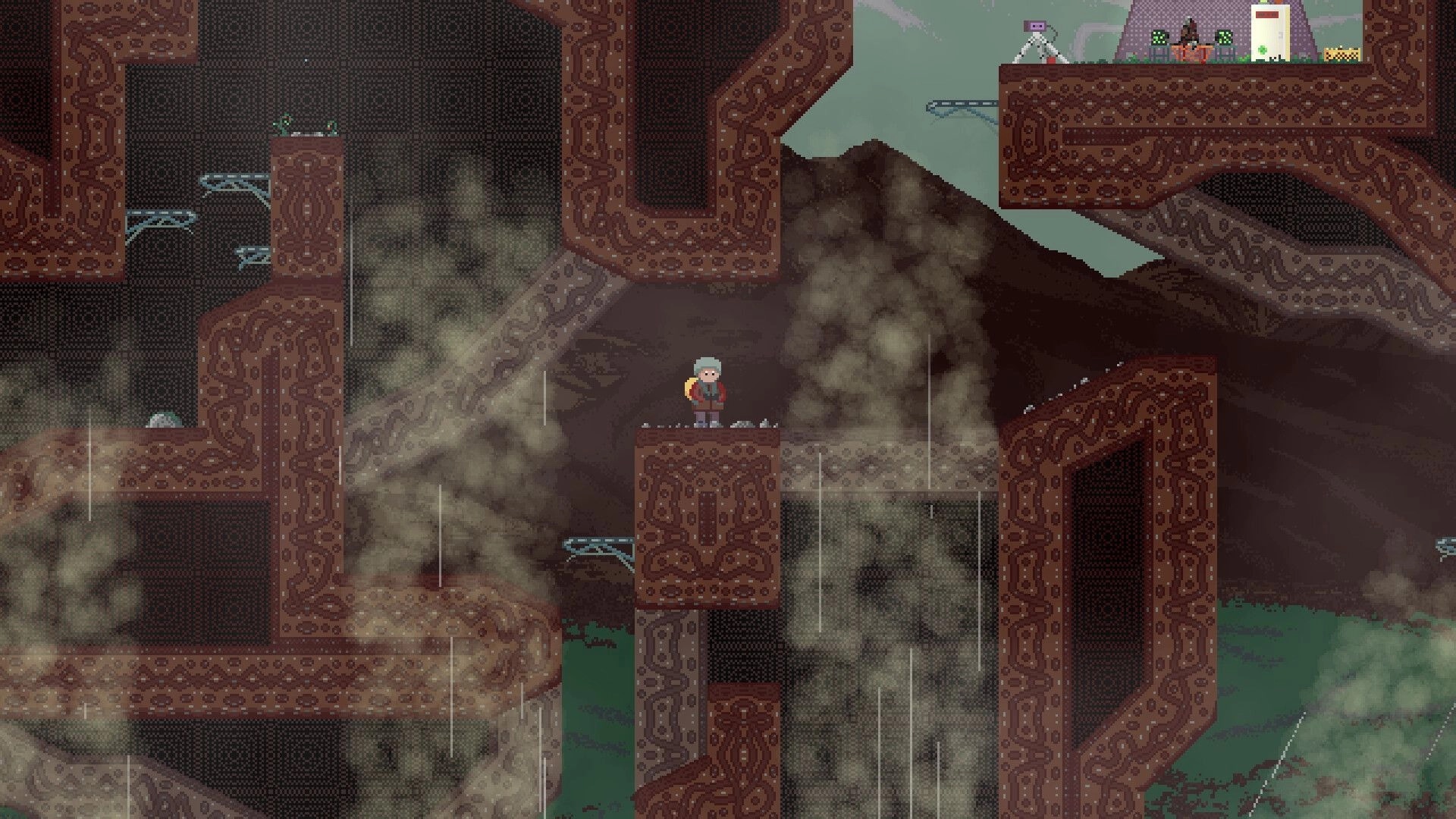 Failed Falling: Parachute explorer stands on a ledge amid smoky volcano caverns and wind platforms.