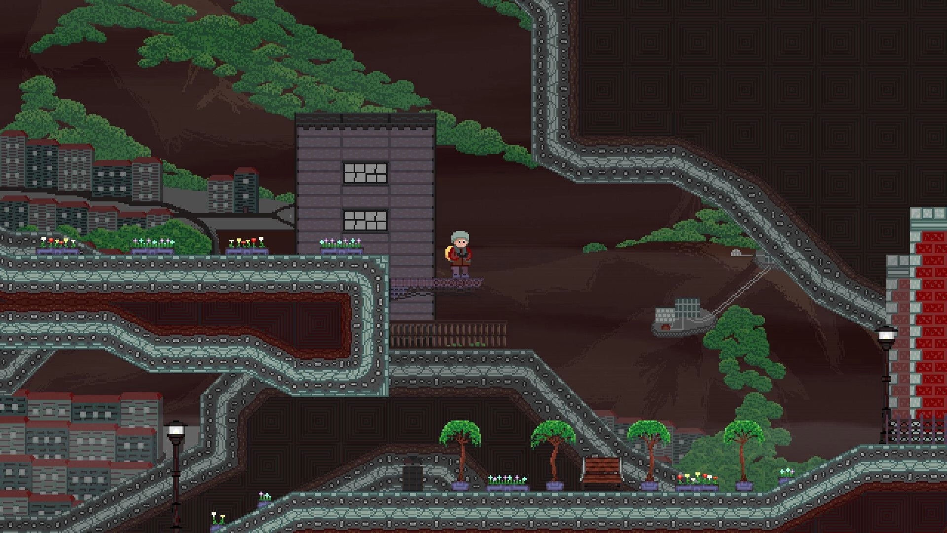 Failed Falling: Parachute-wearing character stands on ledge by tall building in winding rocky tunnels.