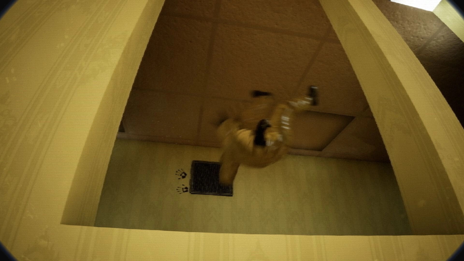 FailRooms: Looking down at a ceiling vent and dangling pipes in a yellow-lit, cramped room void.