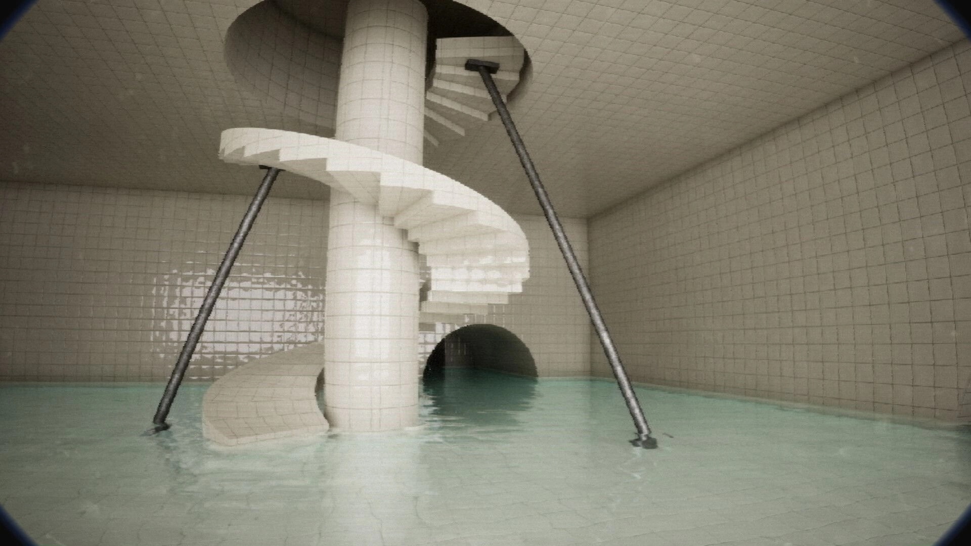 FailRooms: First-person view of a spiral staircase in a flooded tiled room with a dark tunnel opening.