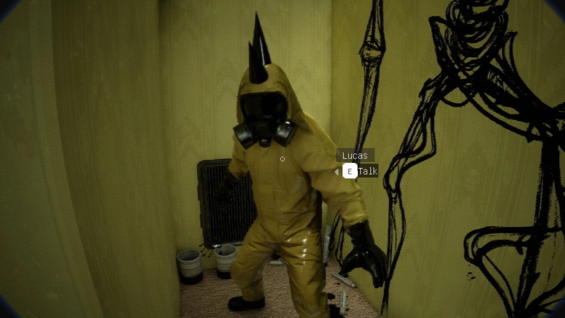 FailRooms: Talk prompt over Lucas in hazmat suit standing in yellow room with graffiti wall art.