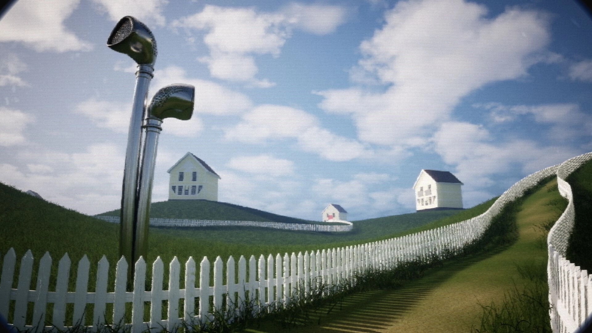 FailRooms: First-person view of white fences and distant houses on green hills under a cloudy sky.