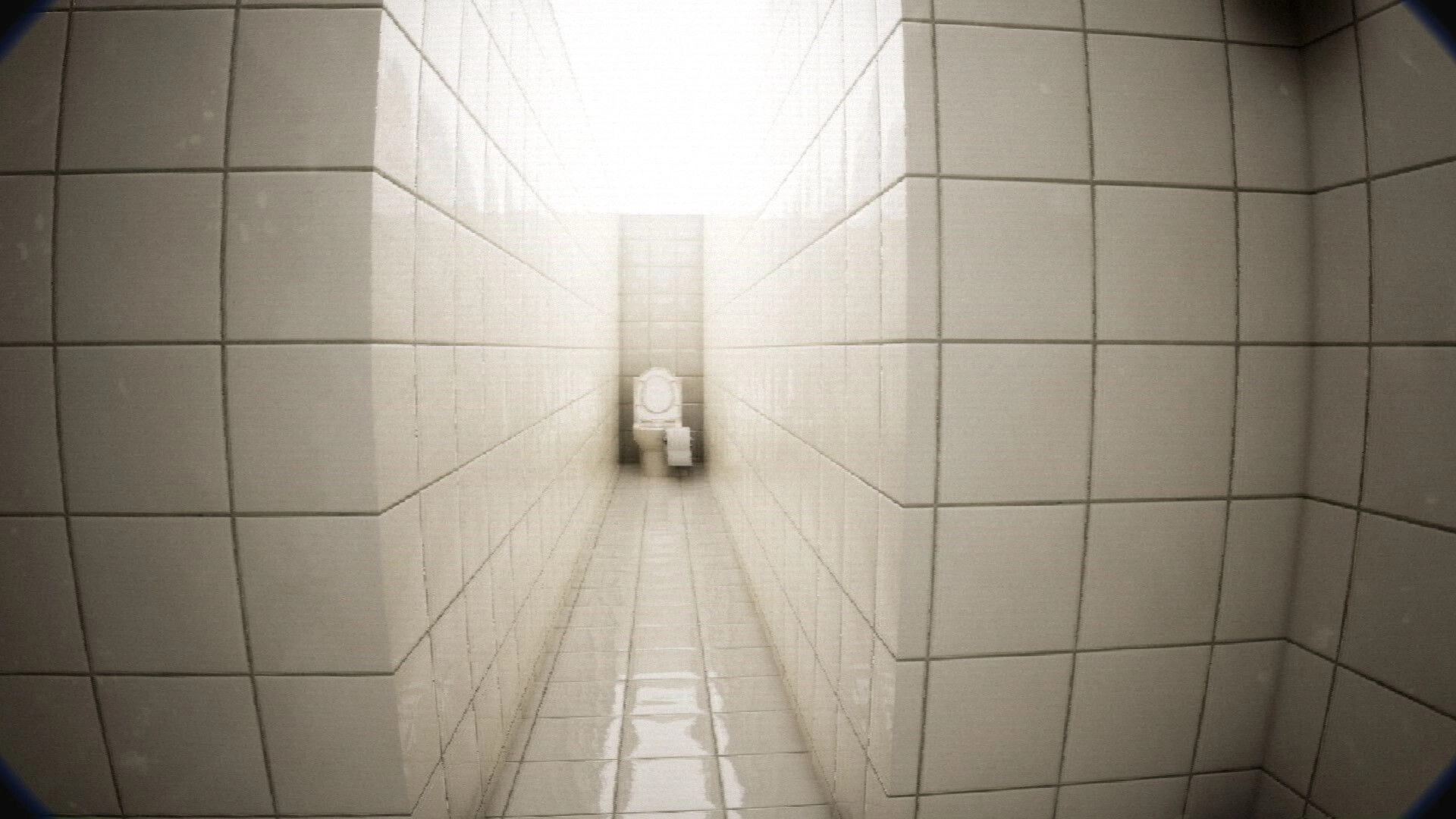 FailRooms: First-person view down a narrow white tiled corridor toward a lone toilet under harsh light.
