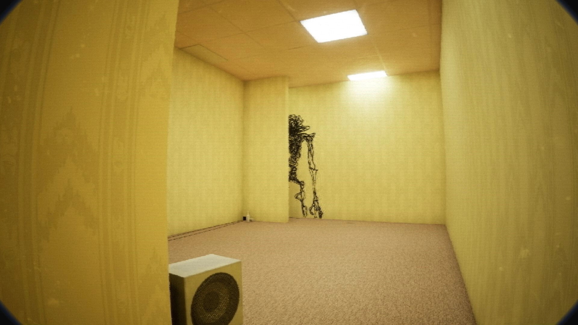 FailRooms: First-person view of yellow carpeted room with fluorescent lights and a black wall stain.