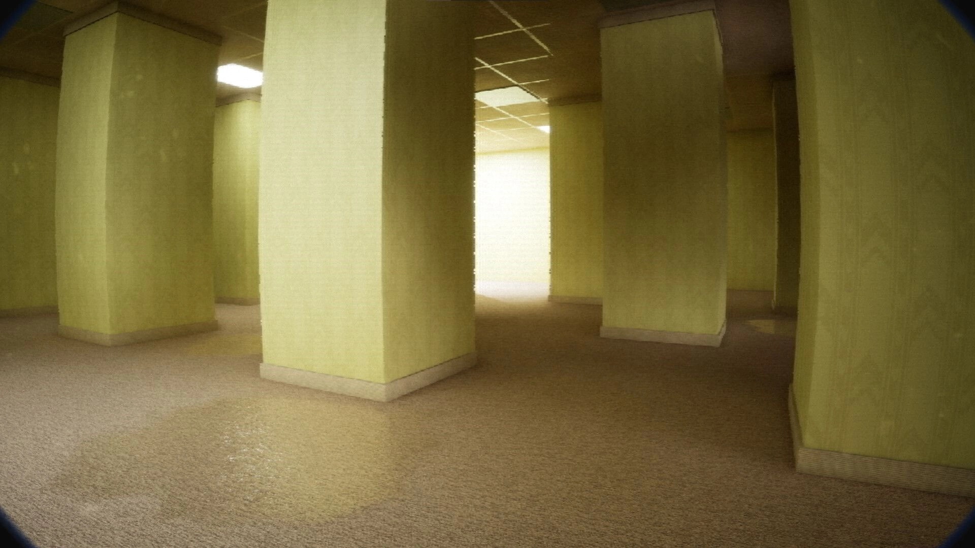 FailRooms: First-person view down empty yellow hall with pillars, carpeted floor, and drop ceiling lights.