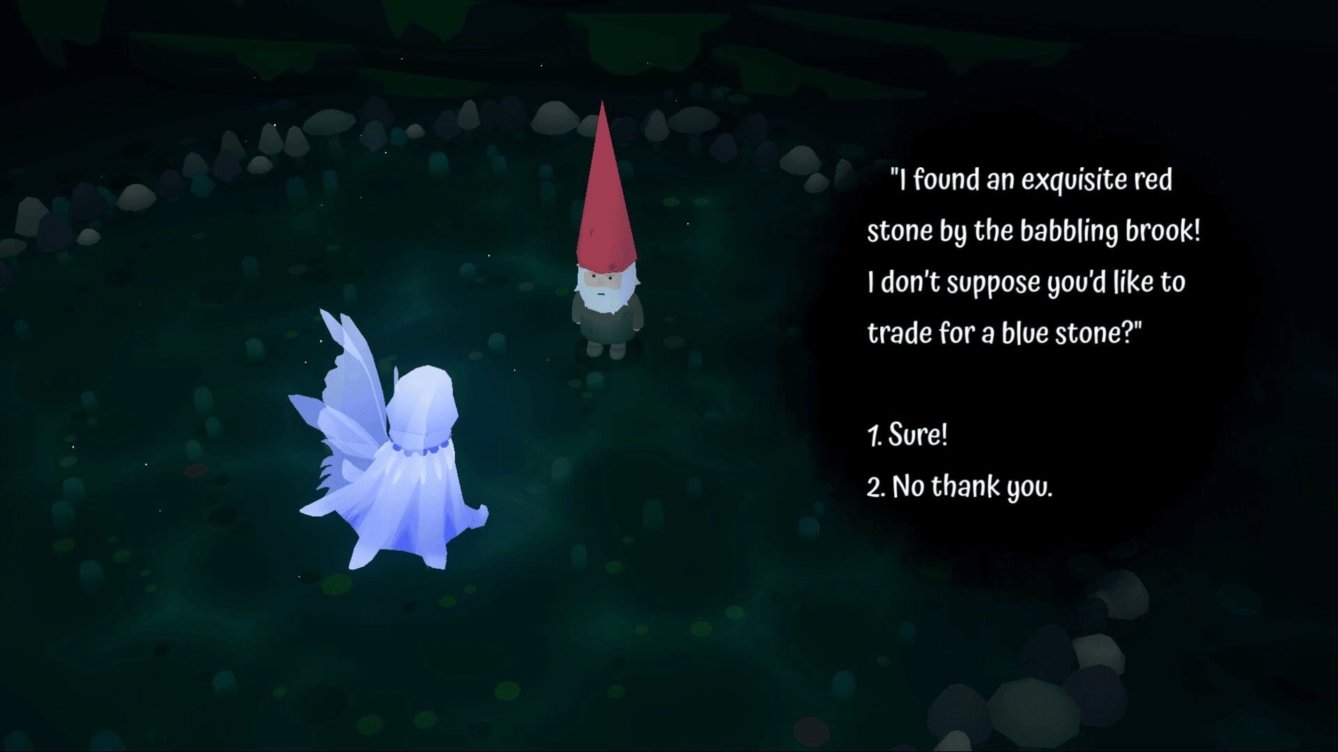 Fairy Circle: Fairy and gnome dialogue in forest clearing with trade options displayed