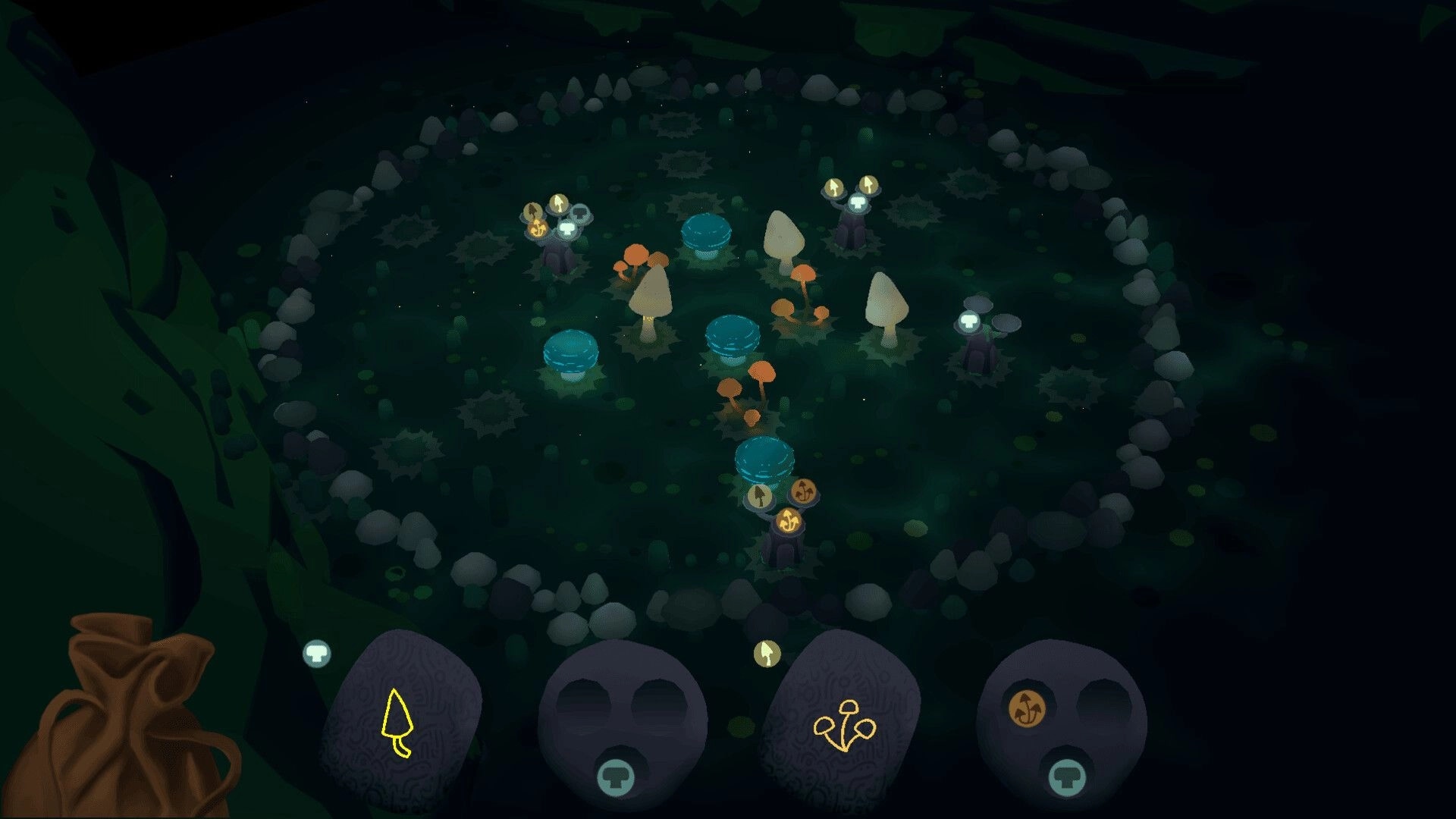 Fairy Circle: Stone circle with glowing mushrooms and icons, surrounded by a dark forest setting.