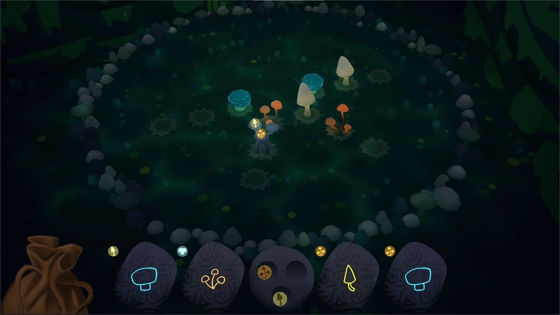 Fairy Circle: Glowing mushrooms and stones in a dark forest circle with UI elements at the bottom