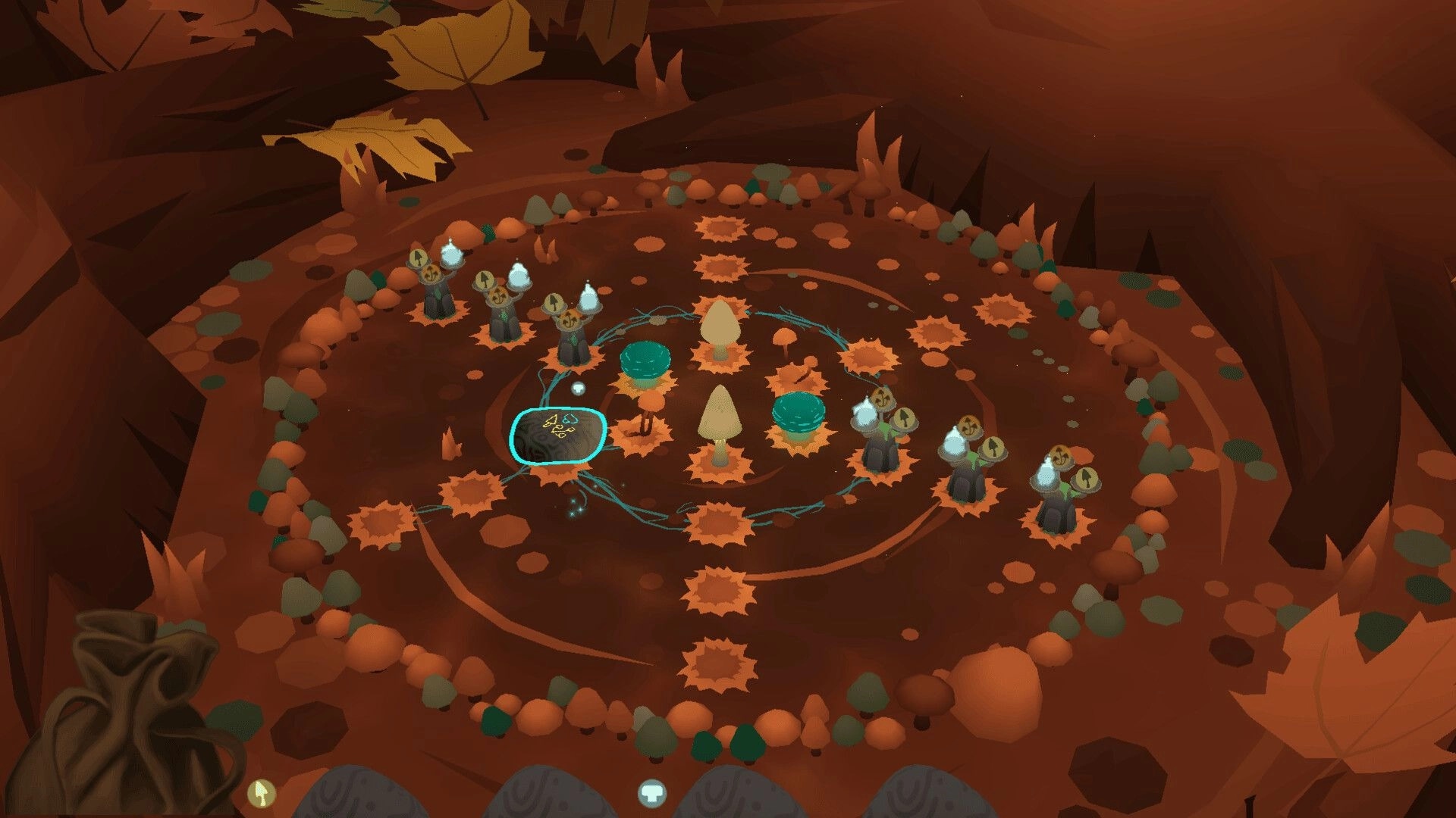 Fairy Circle: Forest Keeper strategizing with glowing runes and mushrooms in a mystical woodland clearing