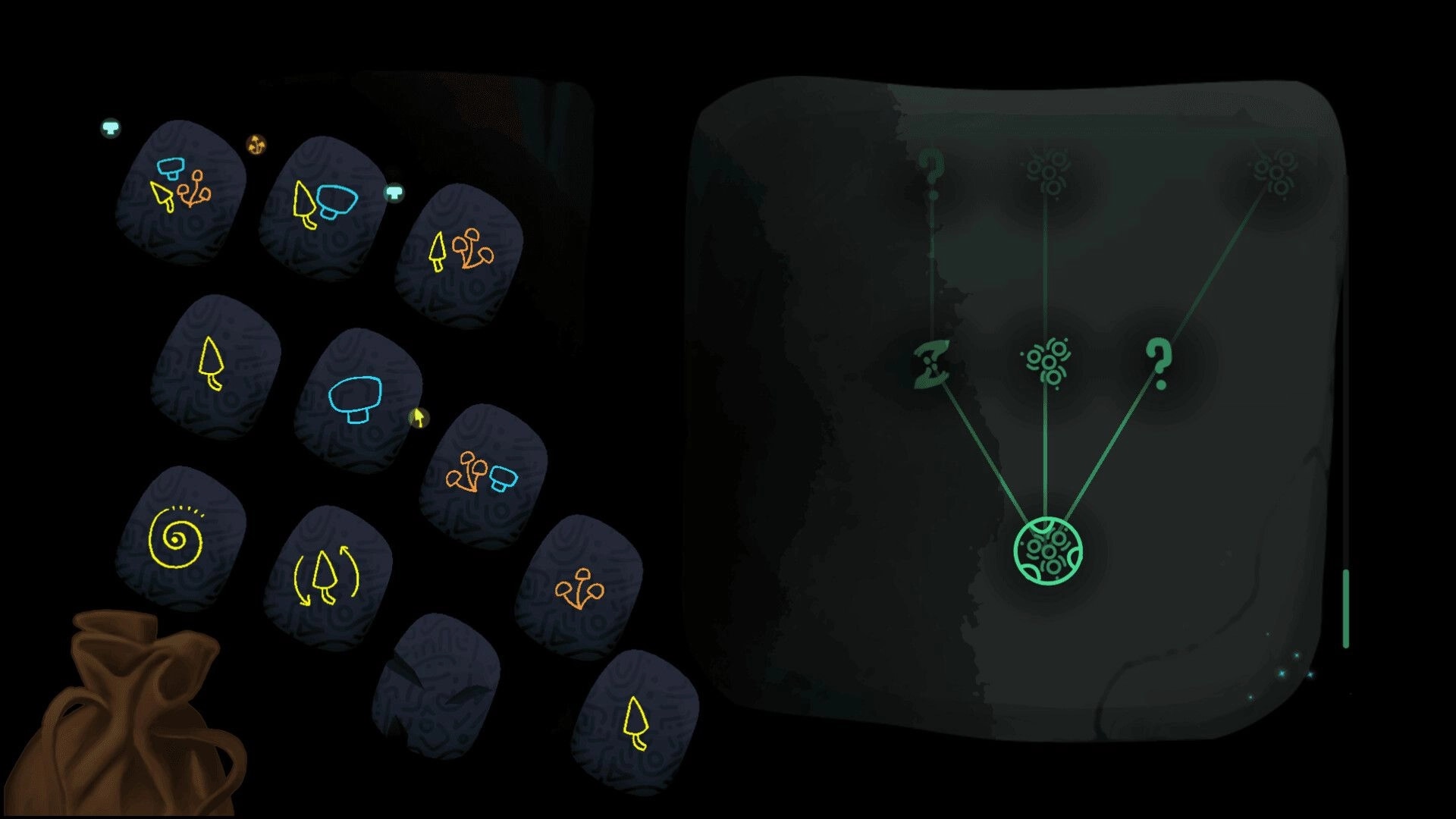 Fairy Circle: Inventory menu with various rune-like icons and skill progression paths on dark background