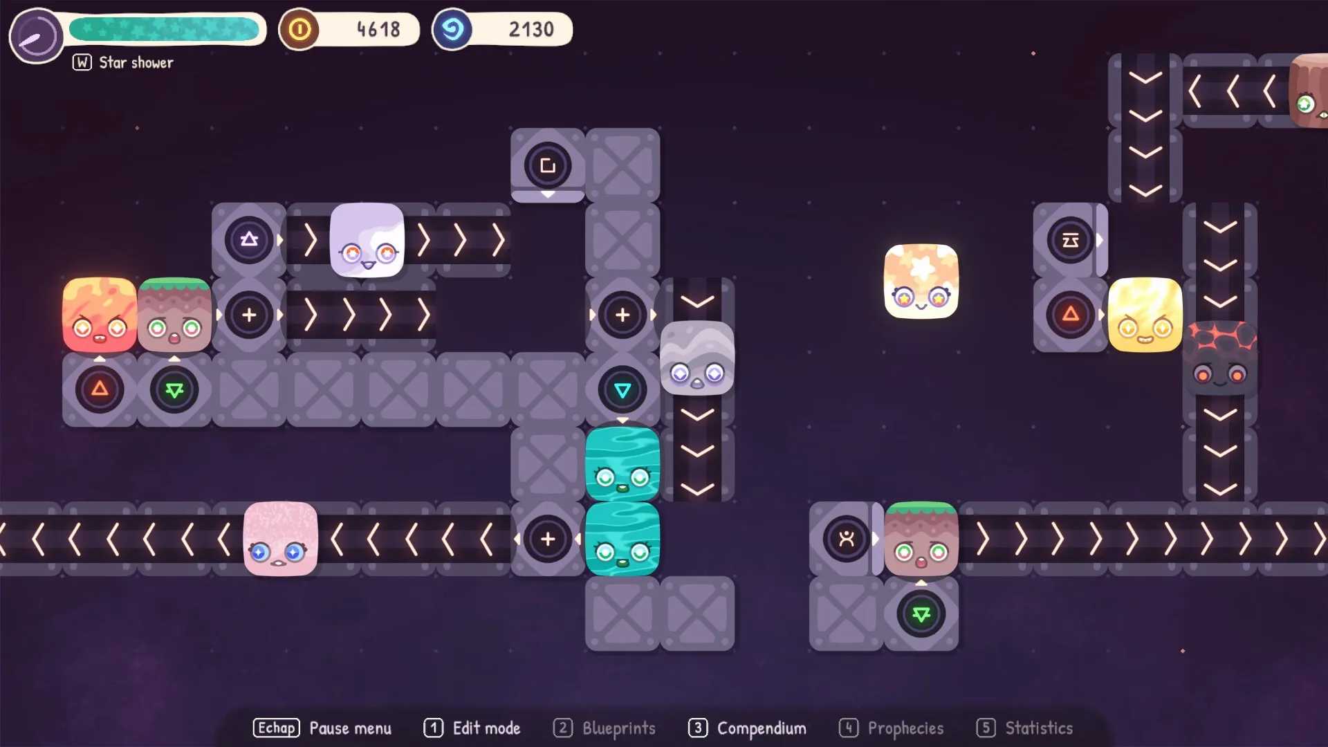Fakutori: Conveyor belts and colorful blocks navigating a grid-based puzzle environment