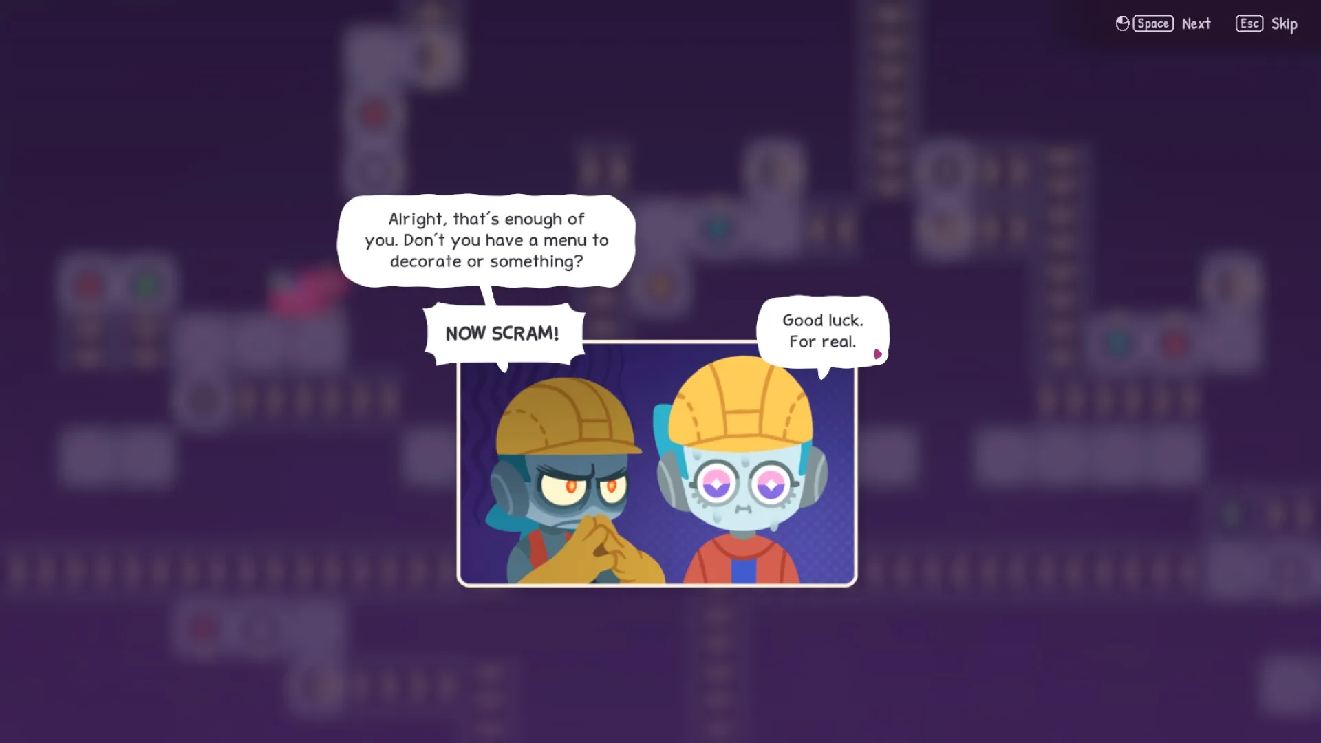 Fakutori: Two animated characters in hard hats exchange dialogue bubbles against a blurred purple background.