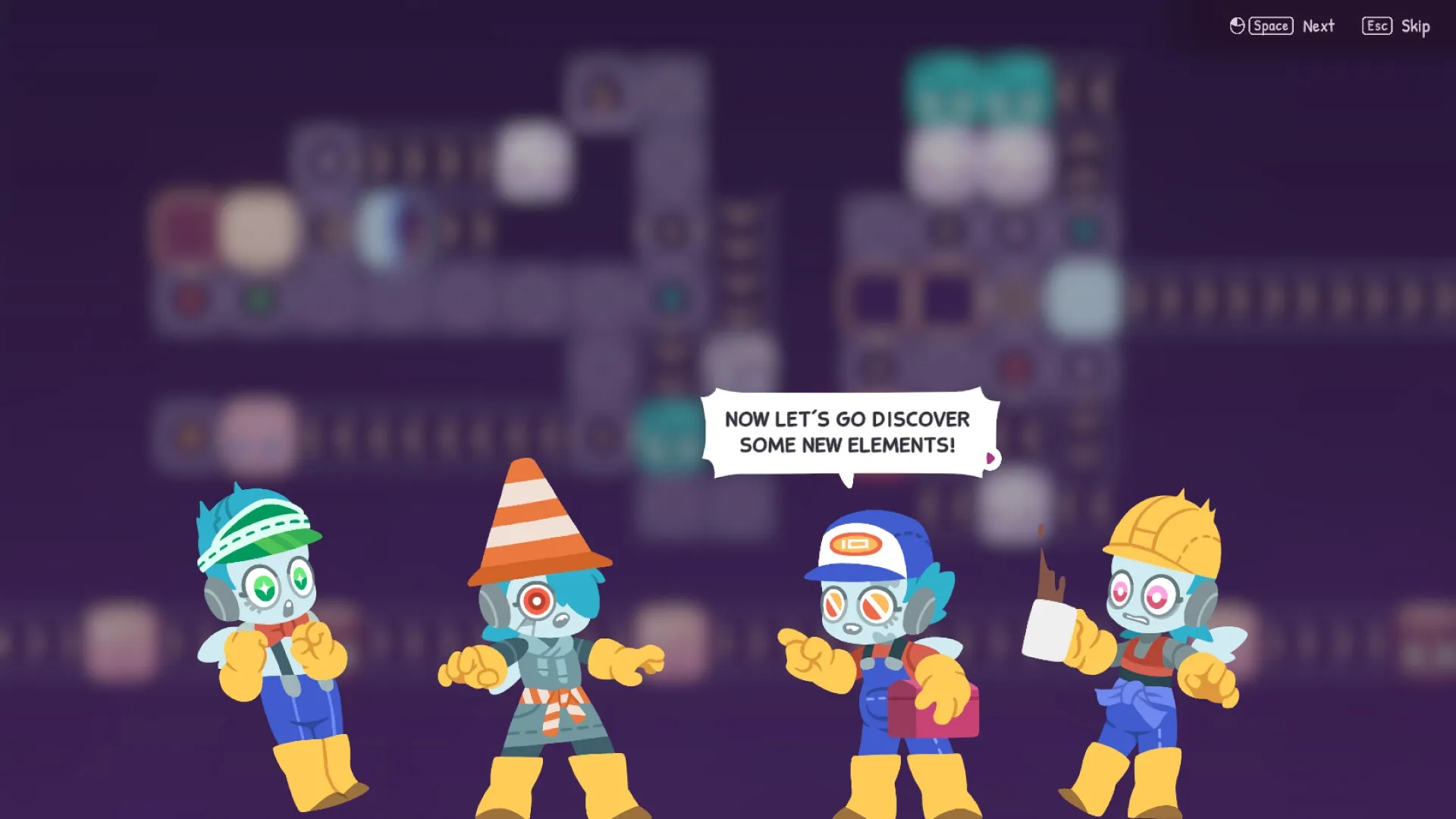 Fakutori: Four colorful characters in a dialogue scene with a blurred factory background.