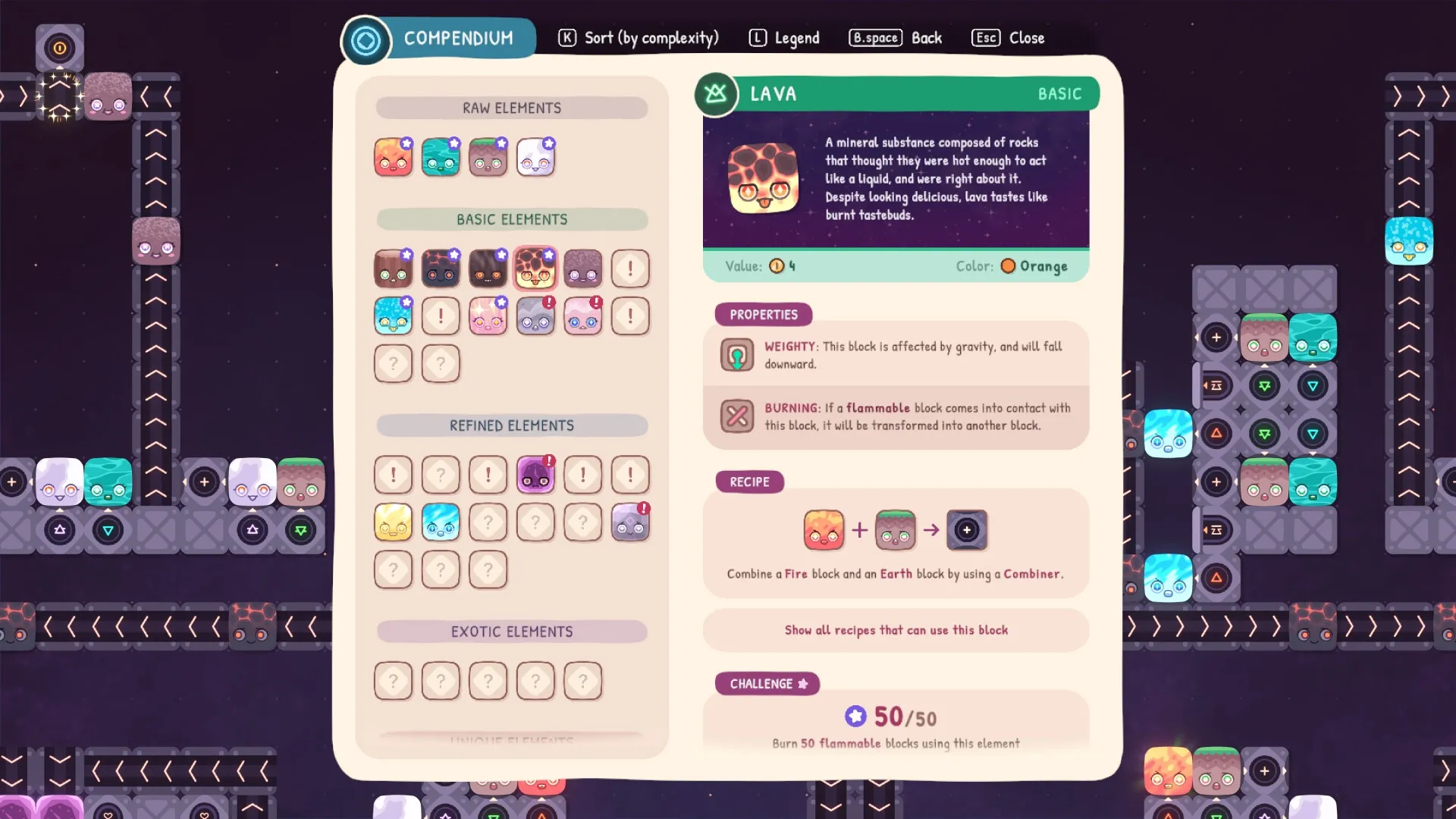 Fakutori: Compendium interface showing various elements and properties with conveyor belts in the background.