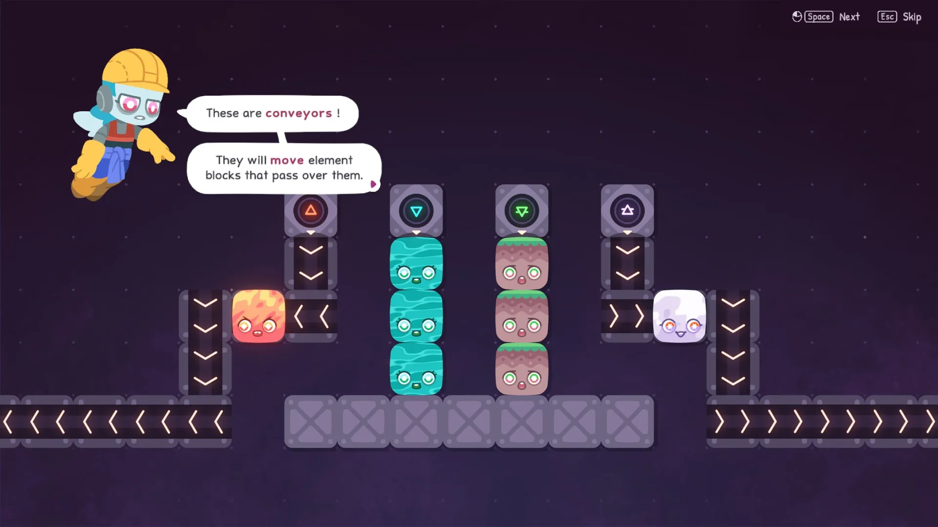 Fakutori: Character explains conveyor mechanics with colorful blocks on a grid in a space-themed setting.