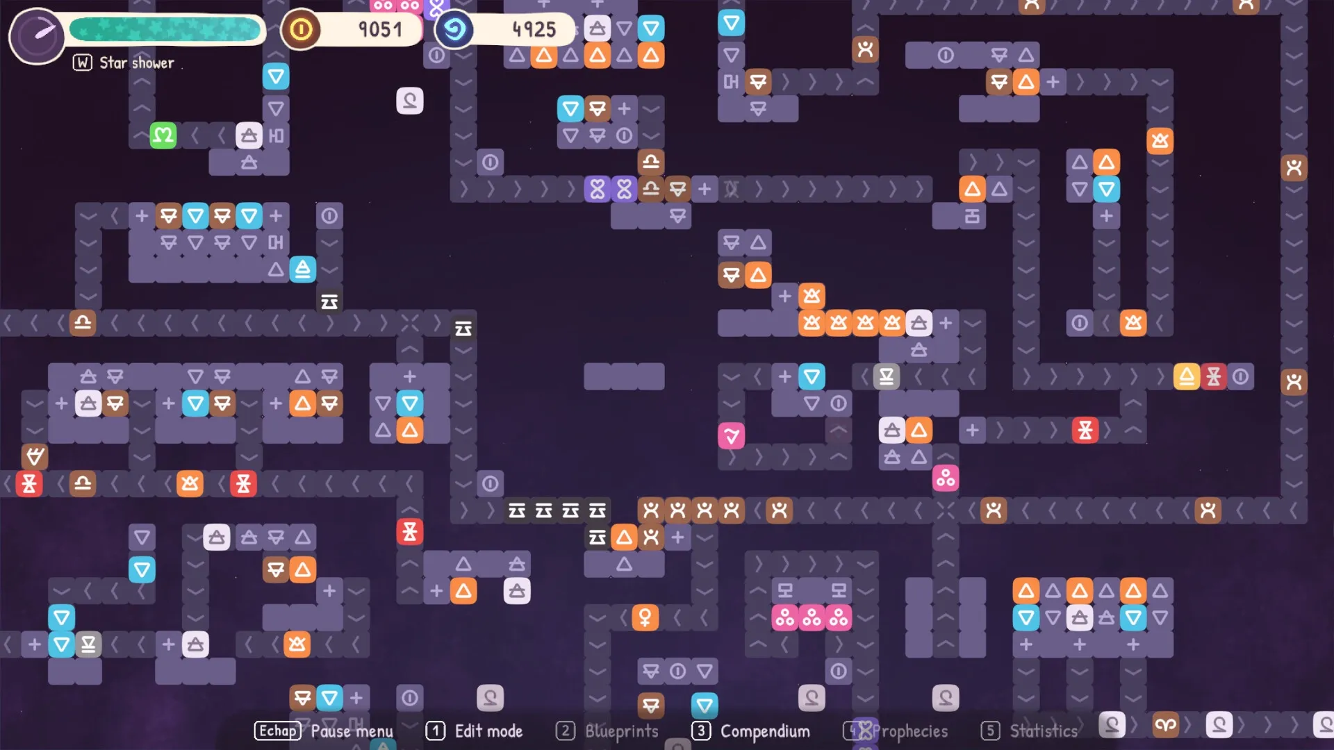 Fakutori: Complex conveyor network with various colored icons on a dark grid background in edit mode.