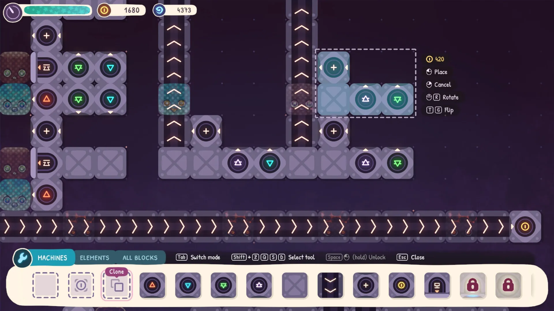 Fakutori: Building machine layout with conveyors and elements in a dark, grid-based environment.
