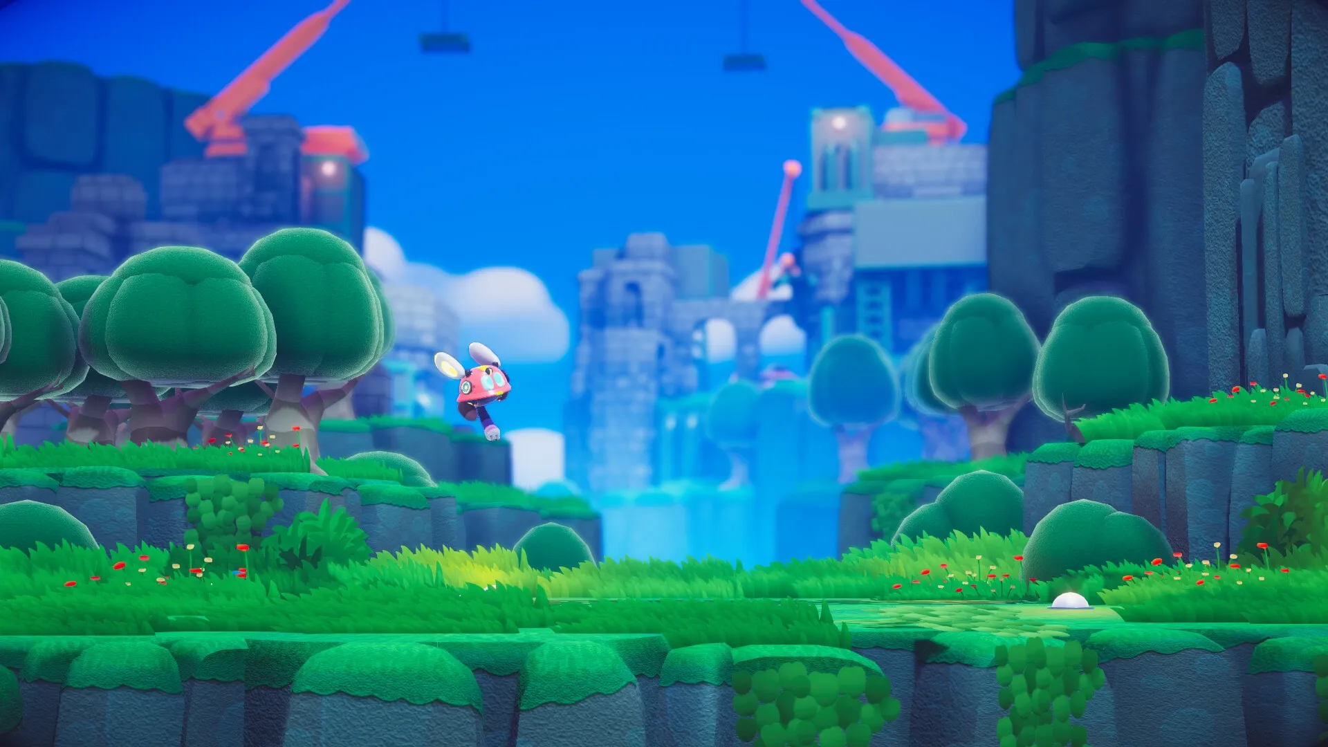 Fall Up: Labi jumps over grassy platforms with lush trees in a vibrant, mechanical wonderland.