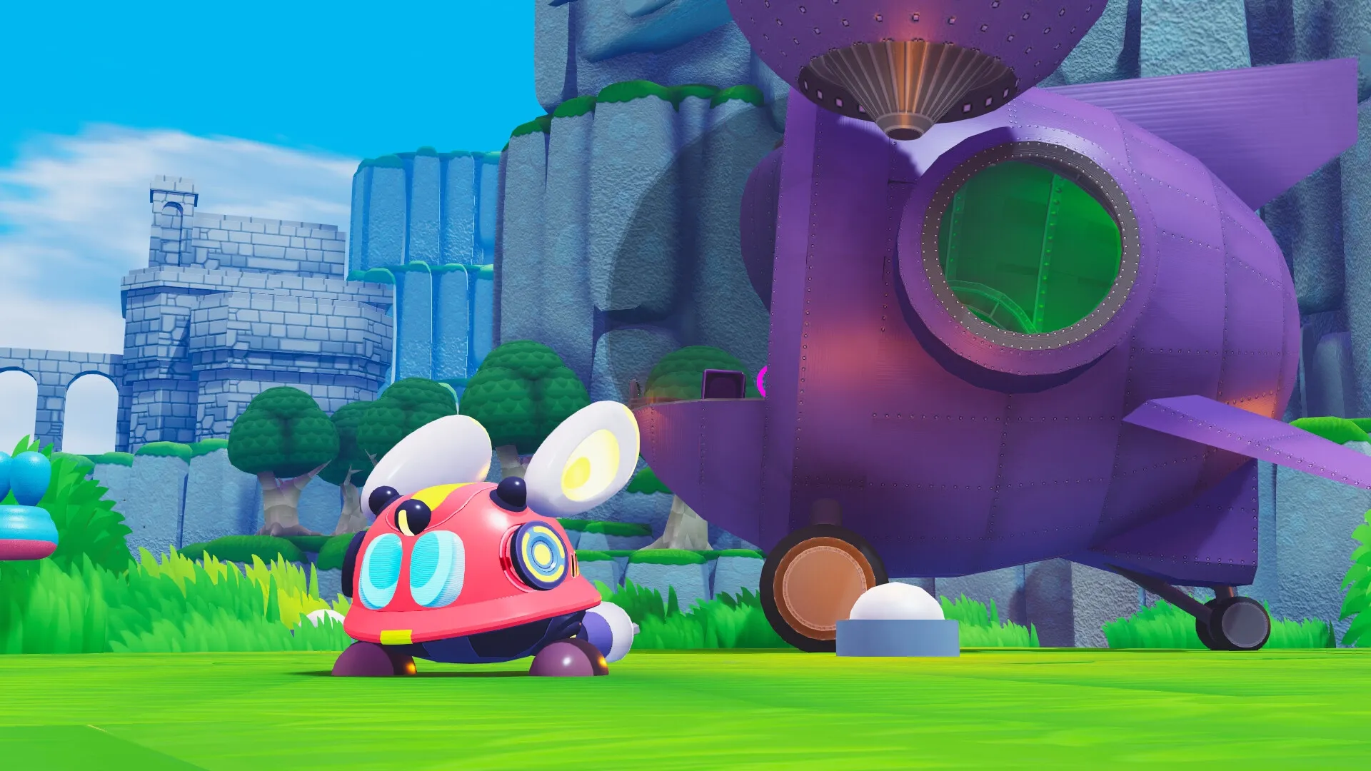 Fall Up: Labi explores grassy area with a large purple airship and stone ruins in the background.