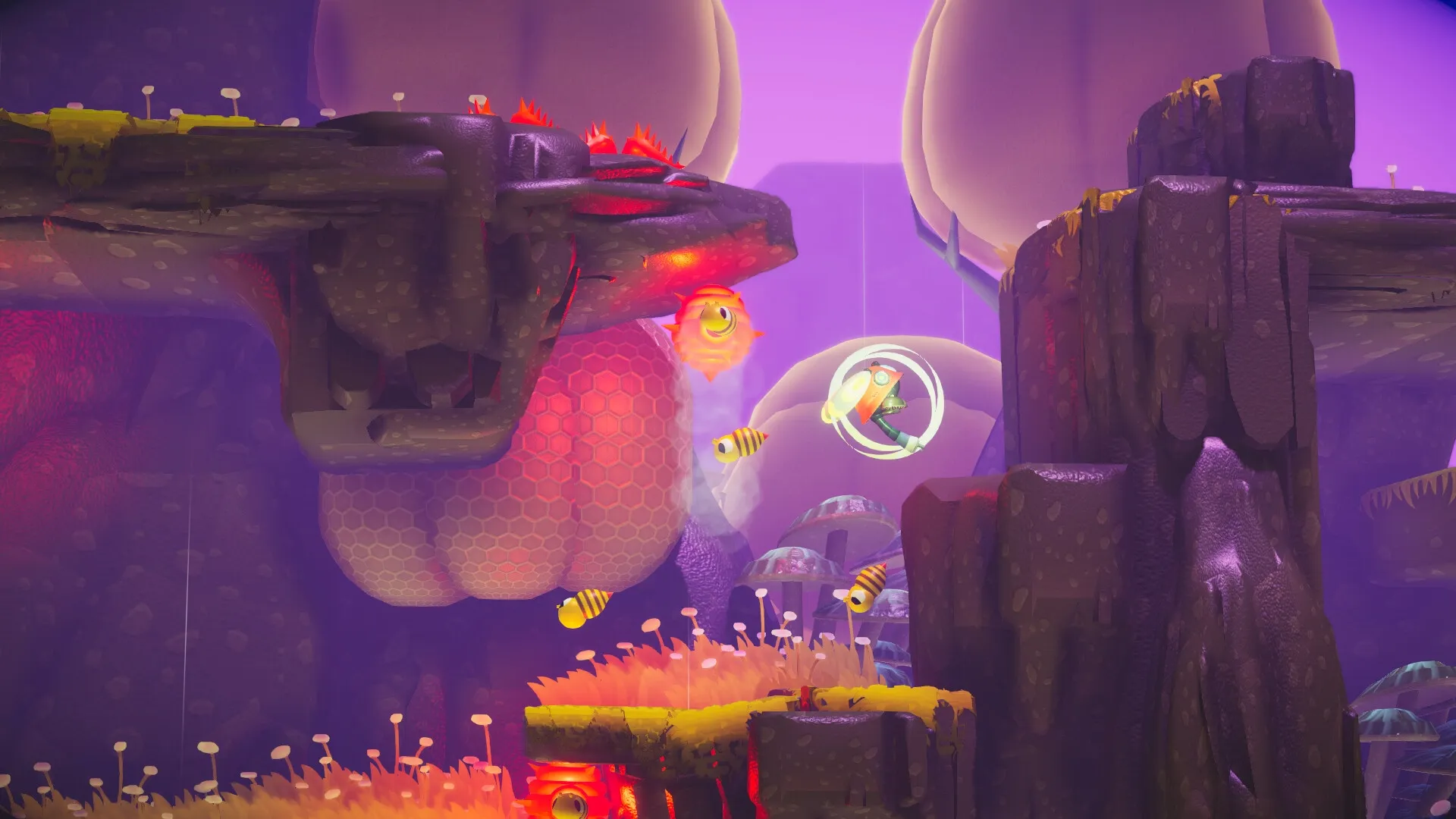 Fall Up: Labi hops past floating platforms and bees in a vibrant, mysterious cavern environment.