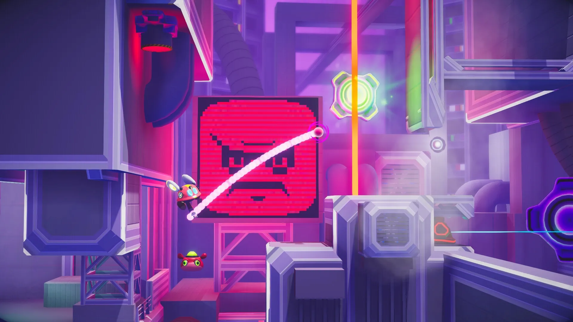 Fall Up: Labi jumping near neon-lit platforms with a digital angry face and glowing icons in background