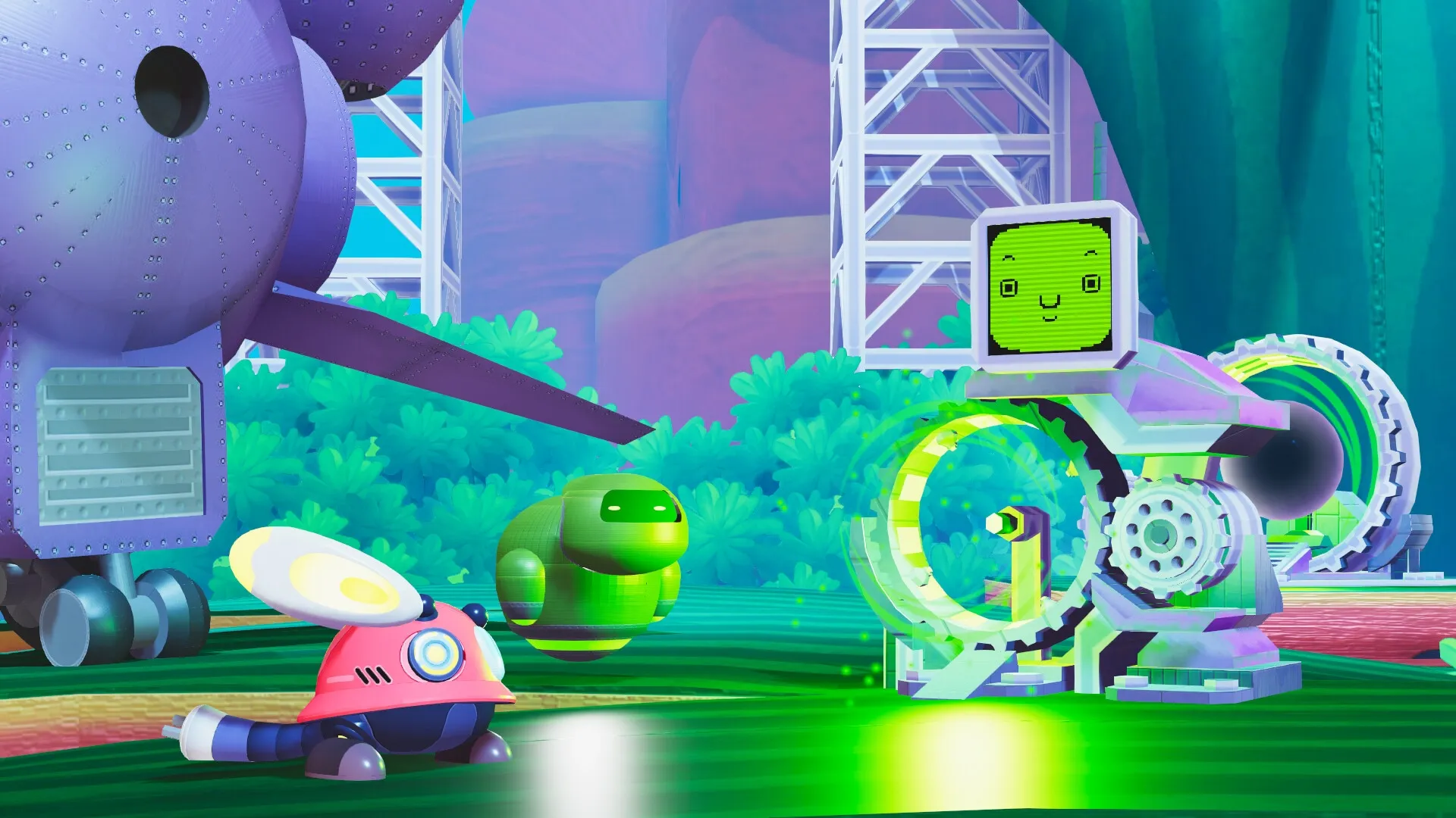 Fall Up: Labi and robots exploring vibrant mechanical jungle with colorful structures and gears