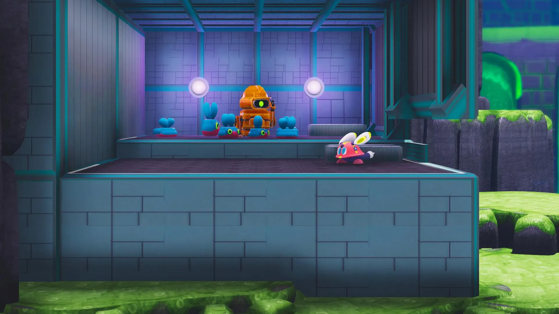 Fall Up: Labi approaches a group of blue creatures and a robot in a mechanical room with glowing lights