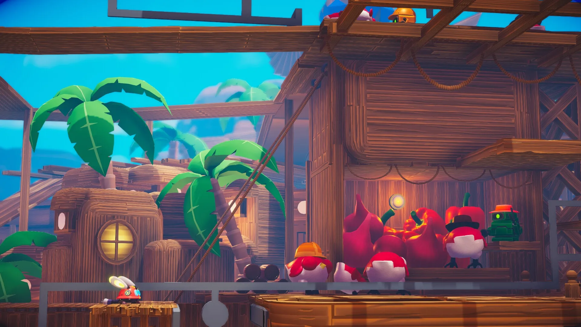 Fall Up: Labi explores a vibrant wooden village with palm trees and adorable creatures nearby