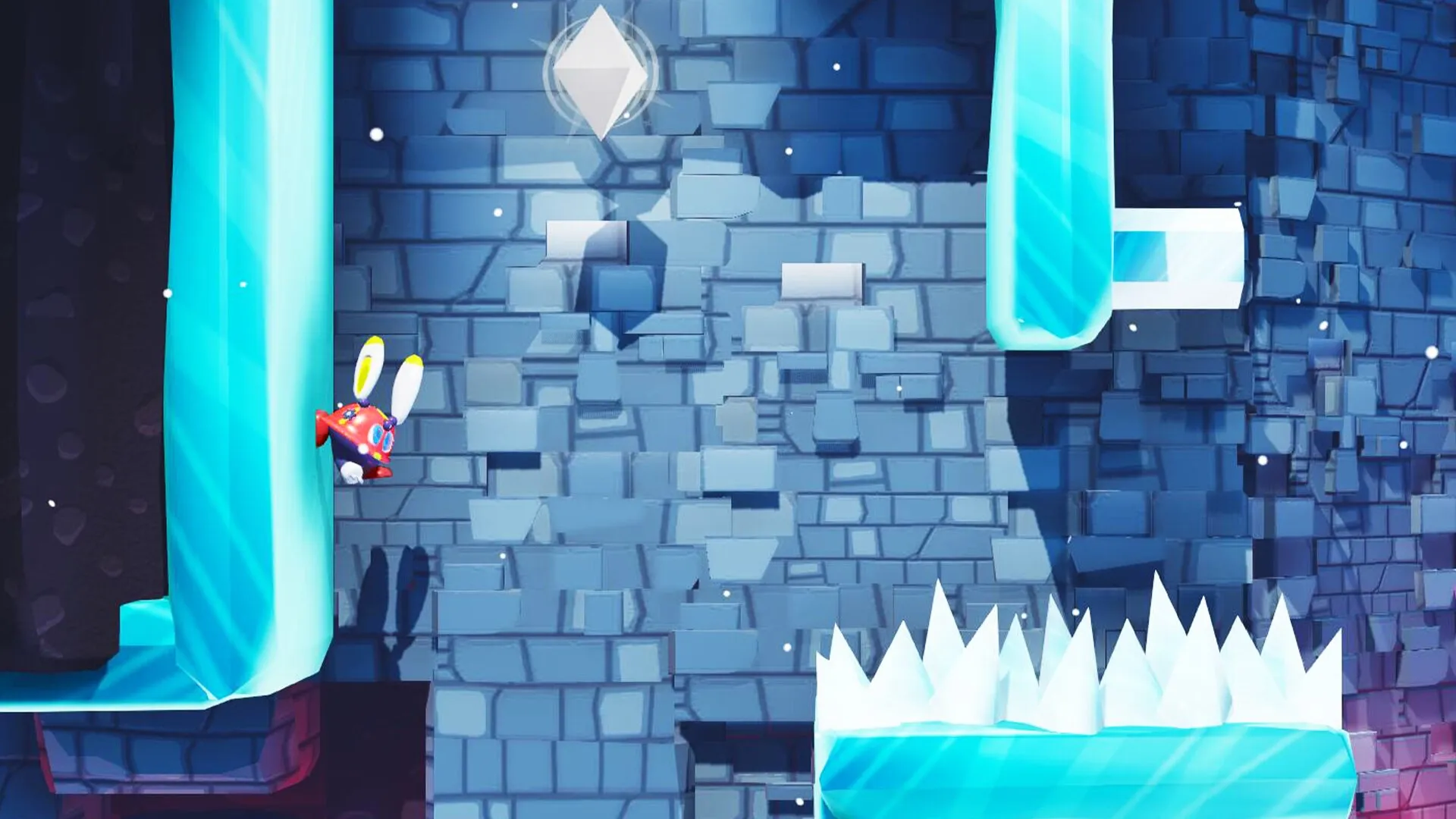 Fall Up: Labi clings to a vertical icy wall in a blue stone fortress with spikes below