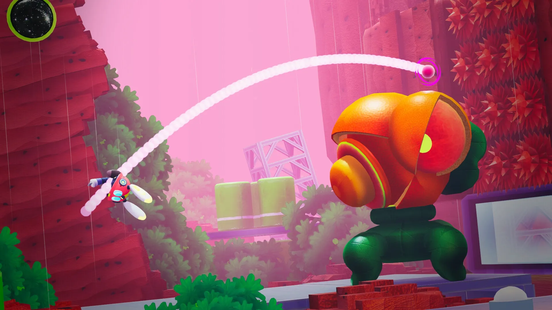 Fall Up: Labi leaps toward a giant robot in a vibrant, mechanical forest with pink sky and red cliffs.
