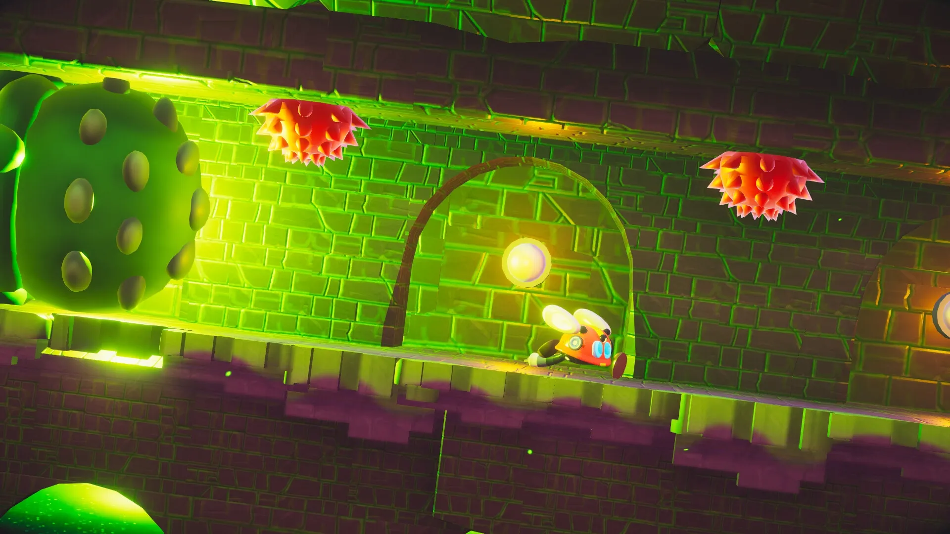 Fall Up: Labi hops through a glowing green corridor dodging spiky obstacles in a mechanical dungeon.