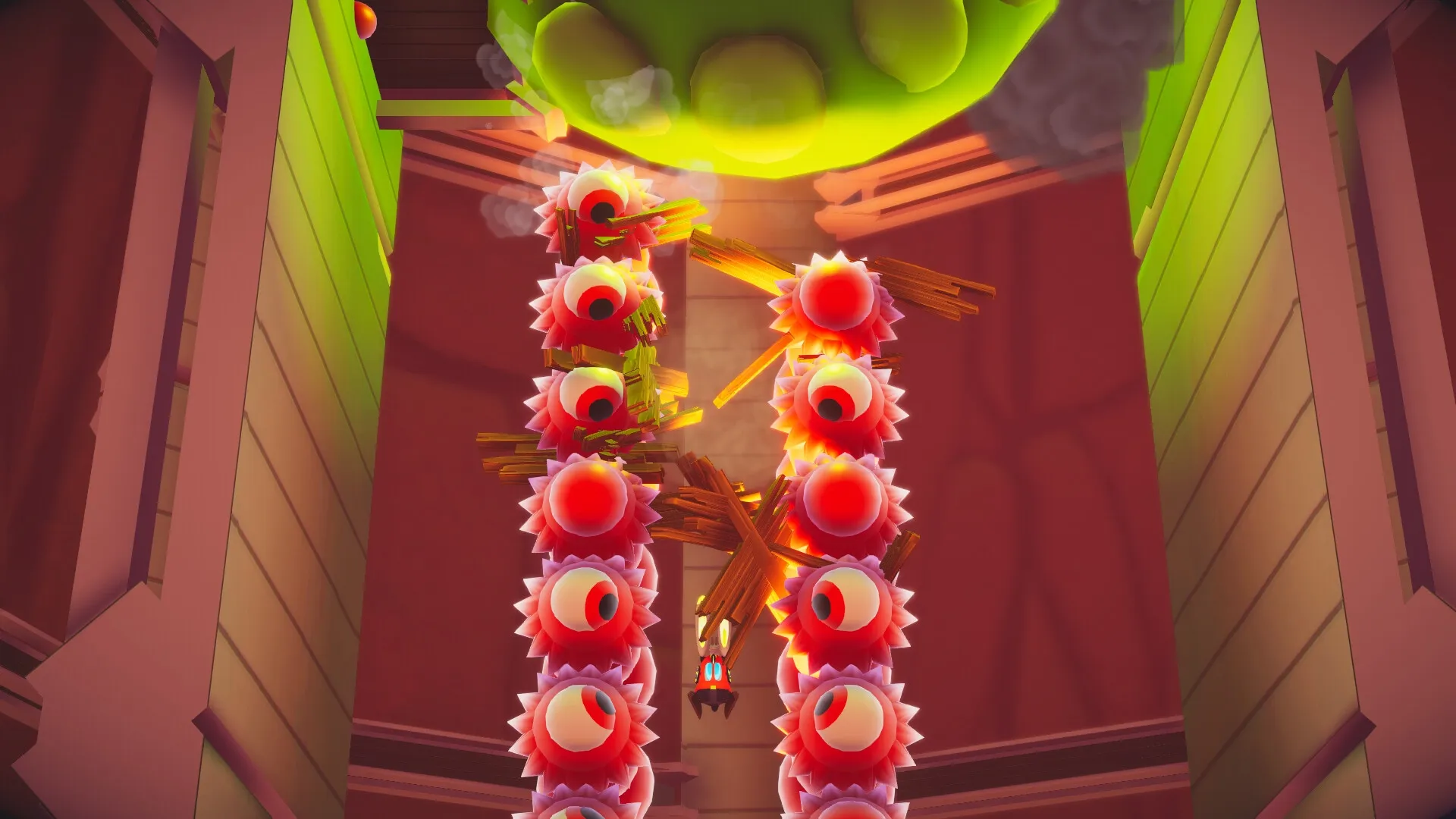 Fall Up: Labi dodges spiky creatures in a vertical shaft with wooden beams and a green ceiling above.
